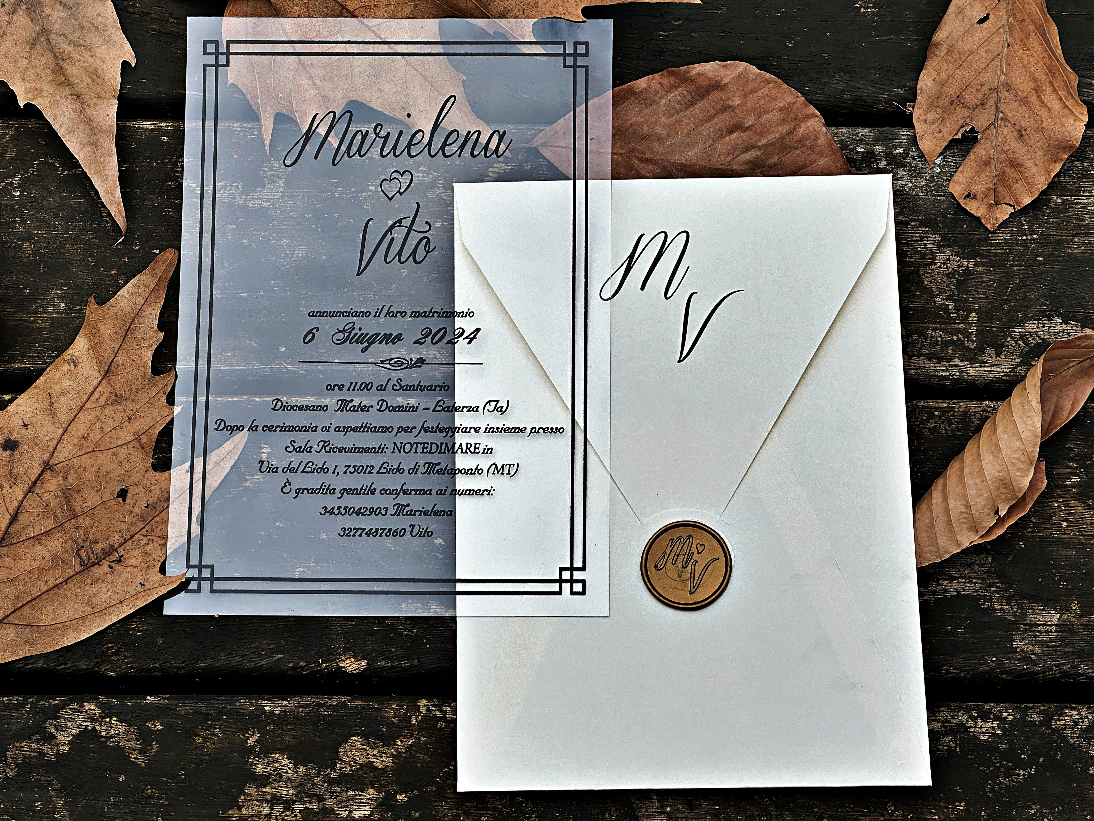 Clear Acrylic Wedding Invitation with Black Print, White Envelope & Gold Wax Seal - LunaInvites