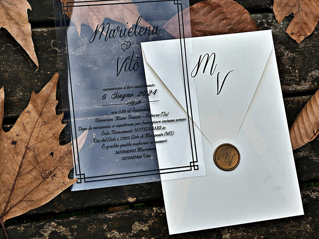 Clear Acrylic Wedding Invitation with Black Print, White Envelope & Gold Wax Seal - LunaInvites