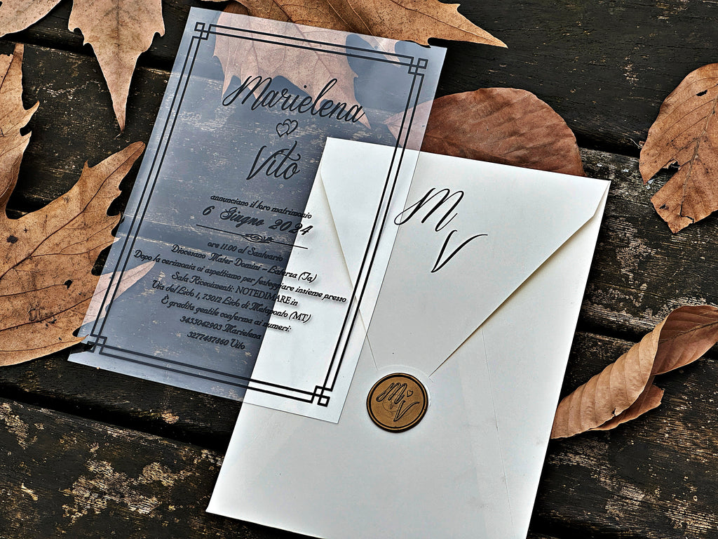 Clear Acrylic Wedding Invitation with Black Print, White Envelope & Gold Wax Seal - LunaInvites