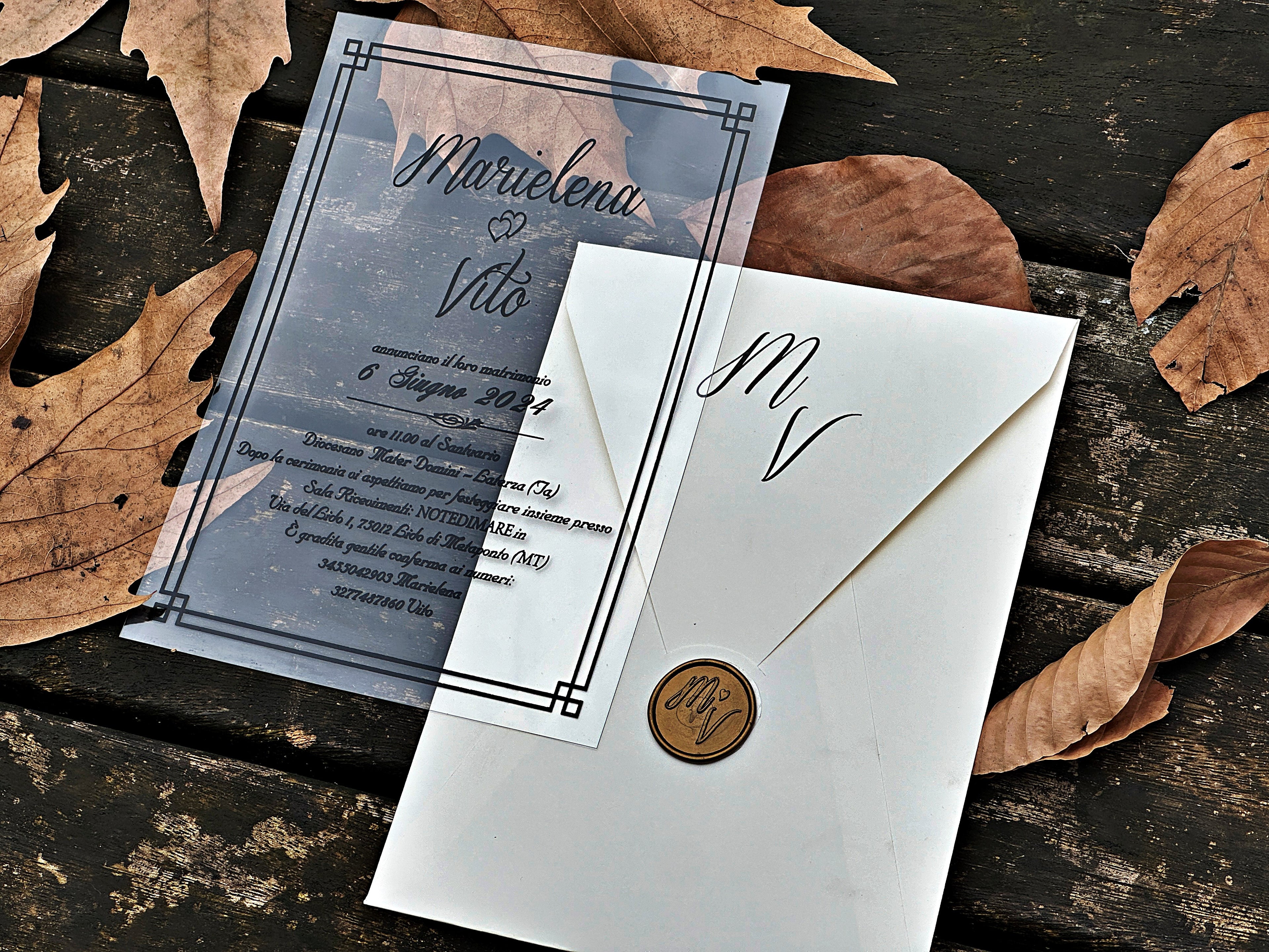 Clear Acrylic Wedding Invitation with Black Print, White Envelope & Gold Wax Seal - LunaInvites