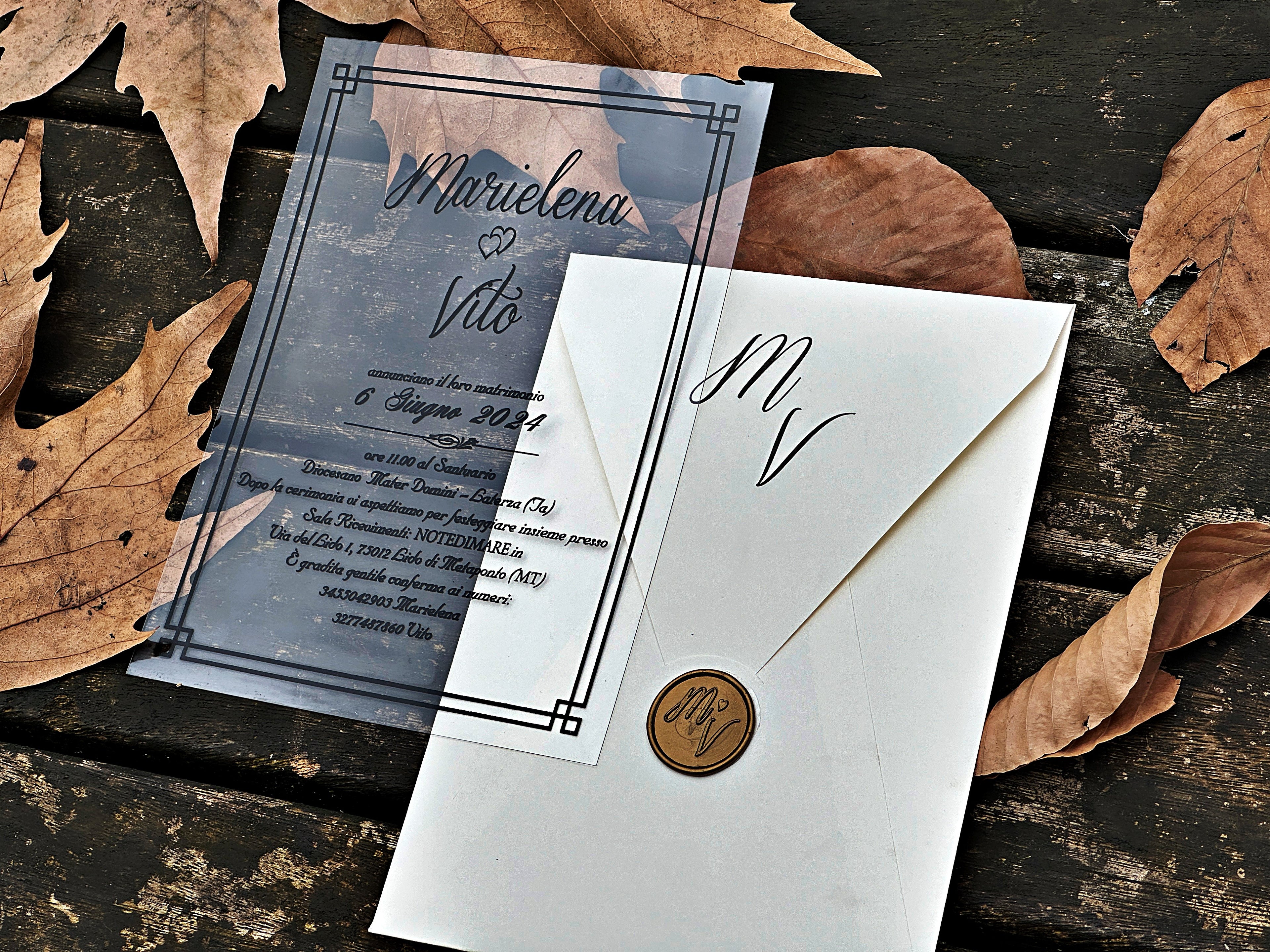Clear Acrylic Wedding Invitation with Black Print, White Envelope & Gold Wax Seal - LunaInvites