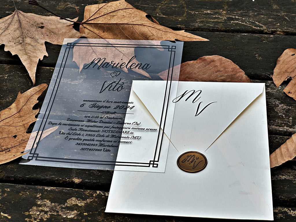 Clear Acrylic Wedding Invitation with Black Print, White Envelope & Gold Wax Seal - LunaInvites