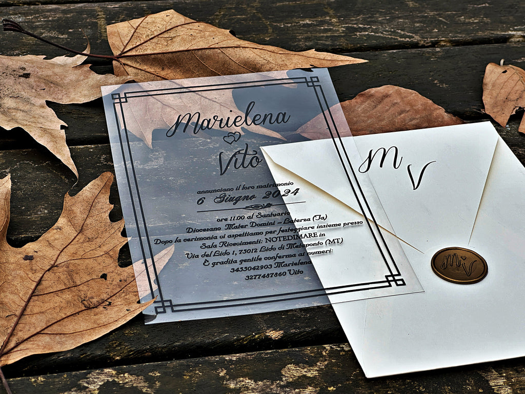 Clear Acrylic Wedding Invitation with Black Print, White Envelope & Gold Wax Seal - LunaInvites