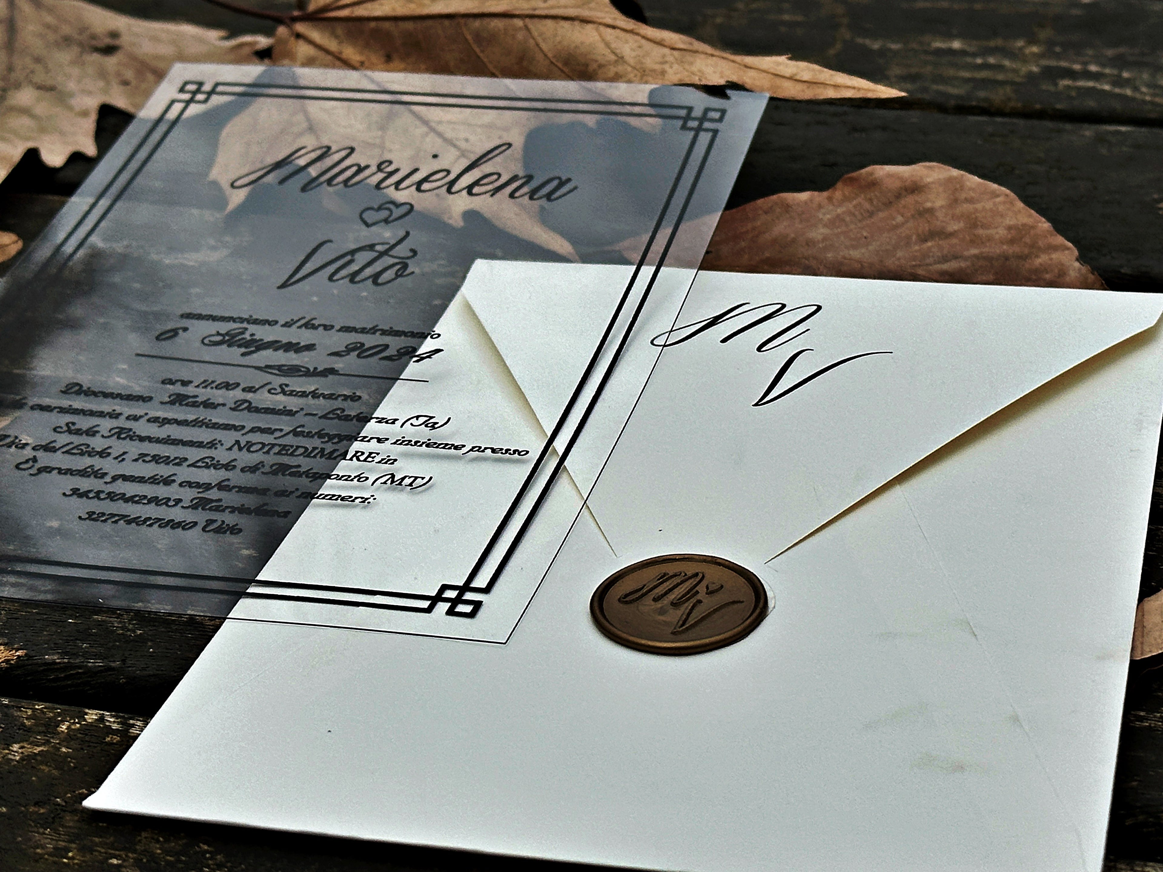 Clear Acrylic Wedding Invitation with Black Print, White Envelope & Gold Wax Seal - LunaInvites