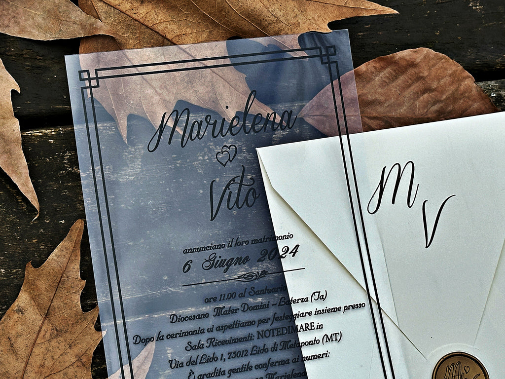 Clear Acrylic Wedding Invitation with Black Print, White Envelope & Gold Wax Seal - LunaInvites