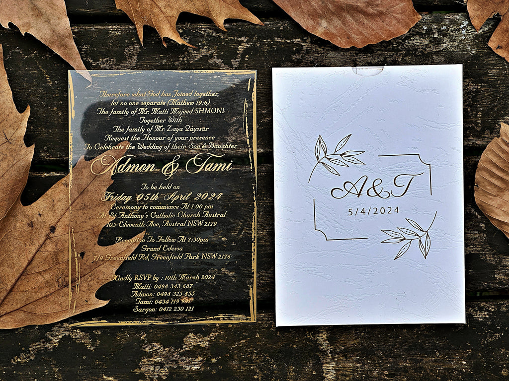 Clear Acrylic Wedding Invitation with Elegant Gold Foil Details - LunaInvites