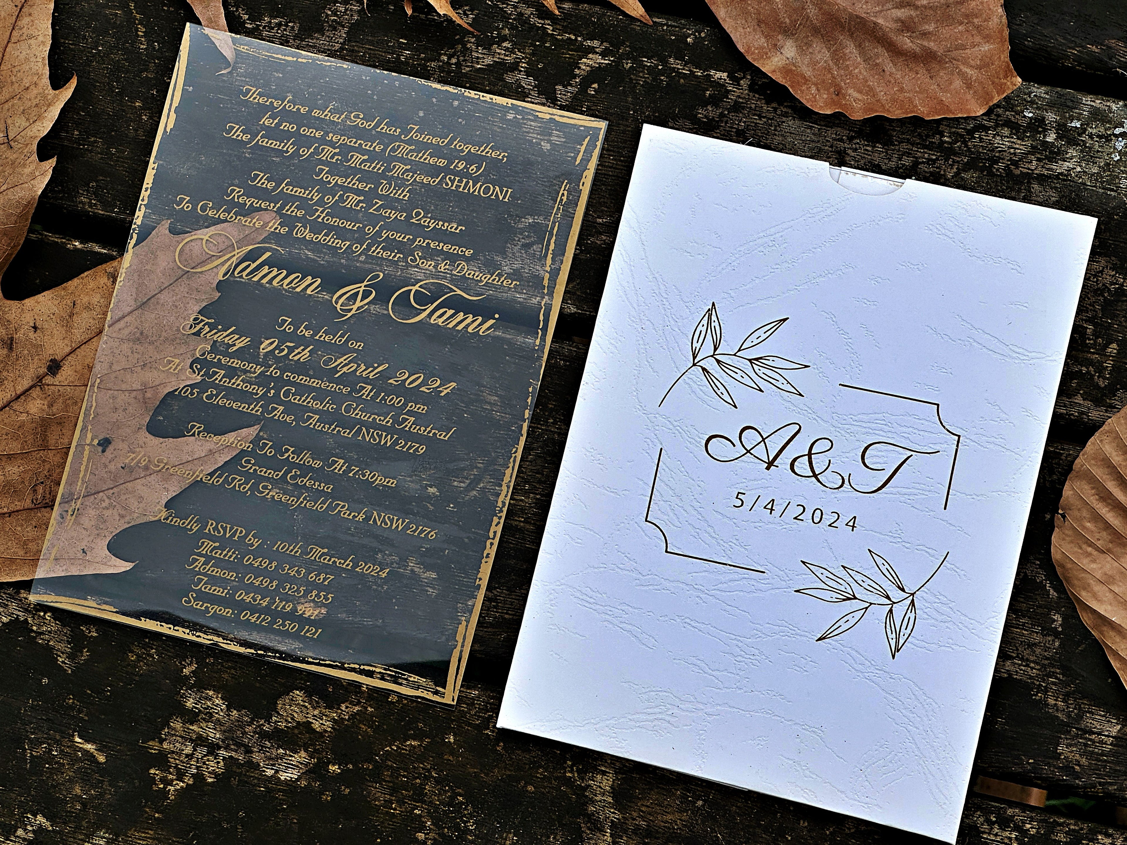 Clear Acrylic Wedding Invitation with Elegant Gold Foil Details - LunaInvites