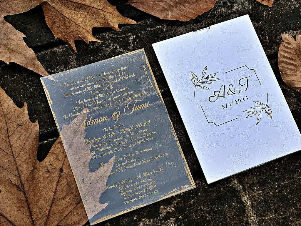 Clear Acrylic Wedding Invitation with Elegant Gold Foil Details - LunaInvites