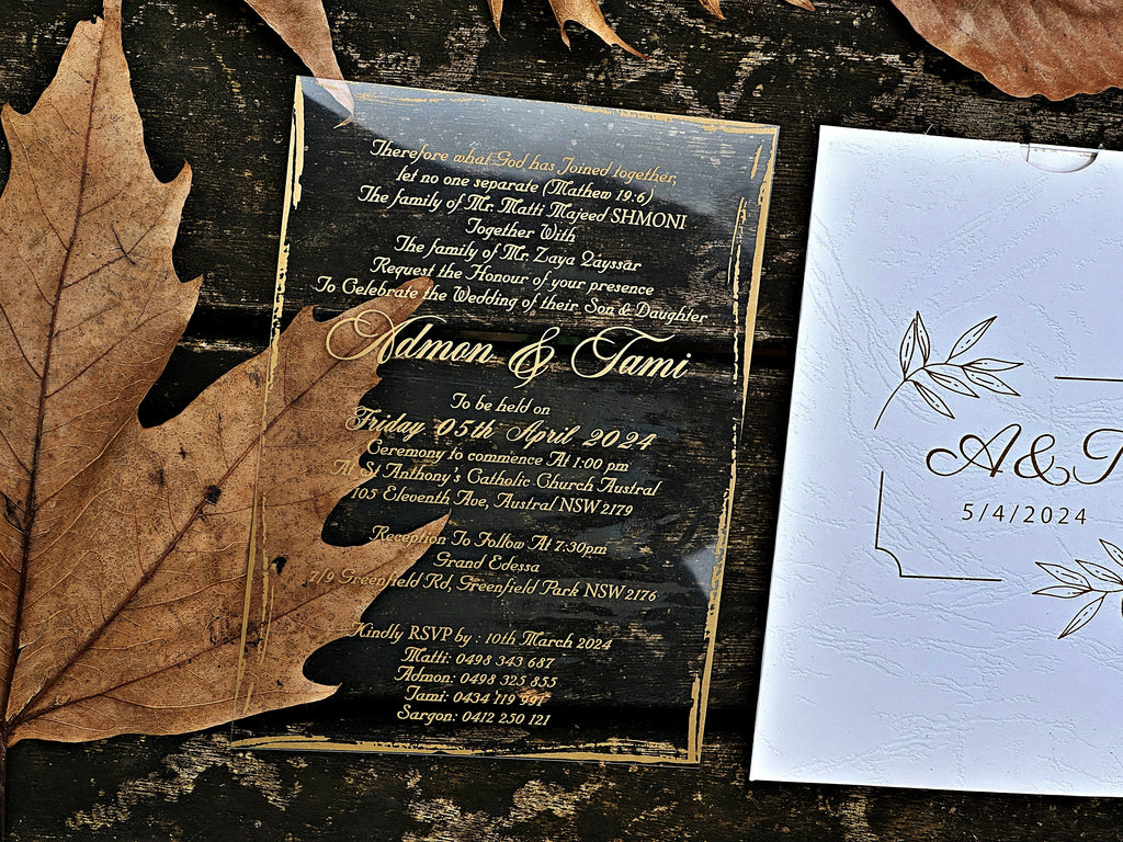 Clear Acrylic Wedding Invitation with Elegant Gold Foil Details - LunaInvites