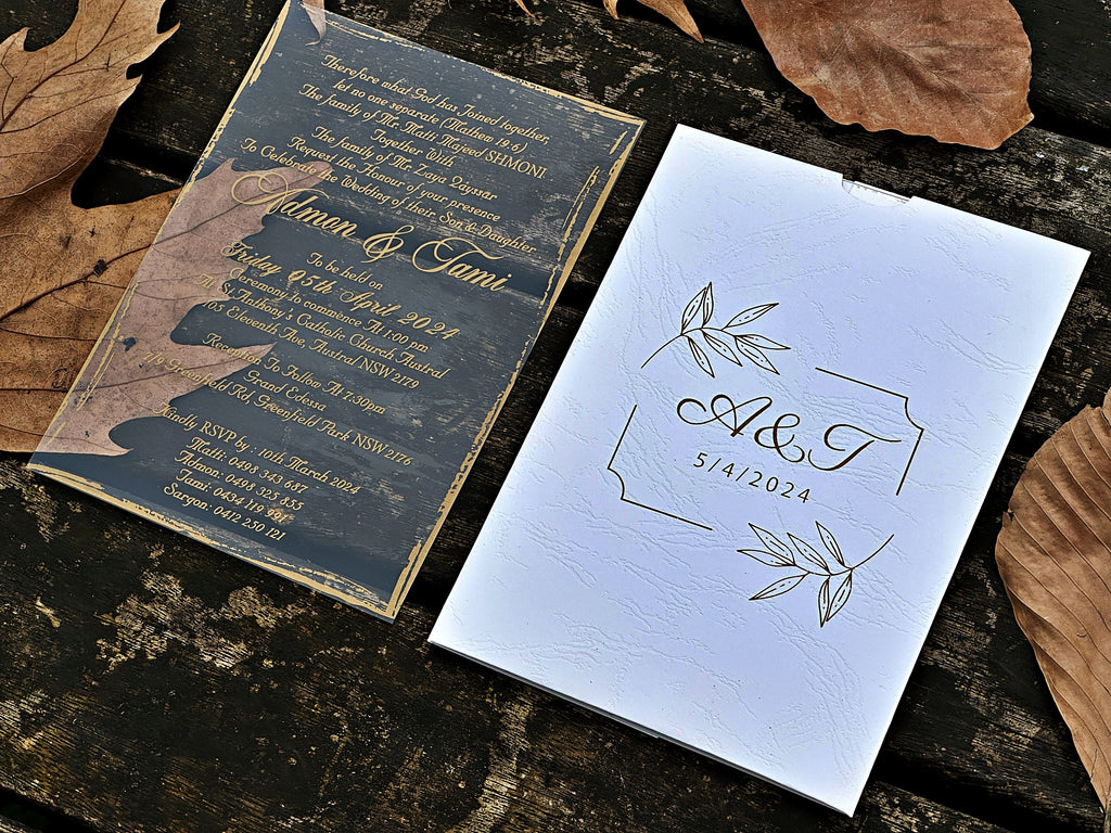 Clear Acrylic Wedding Invitation with Elegant Gold Foil Details - LunaInvites