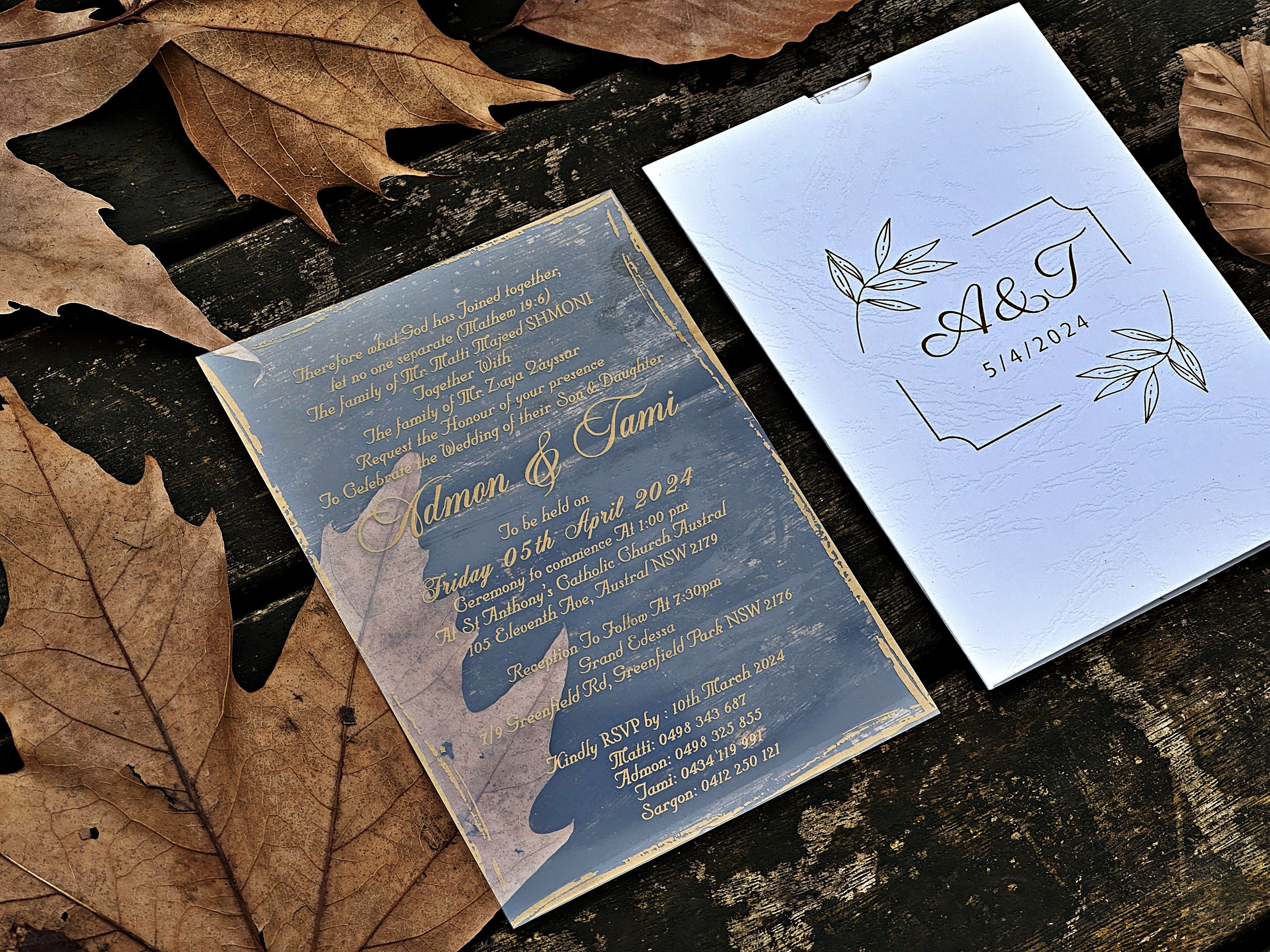 Clear Acrylic Wedding Invitation with Elegant Gold Foil Details - LunaInvites