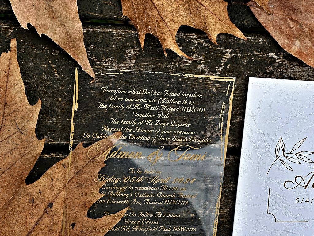 Clear Acrylic Wedding Invitation with Elegant Gold Foil Details - LunaInvites