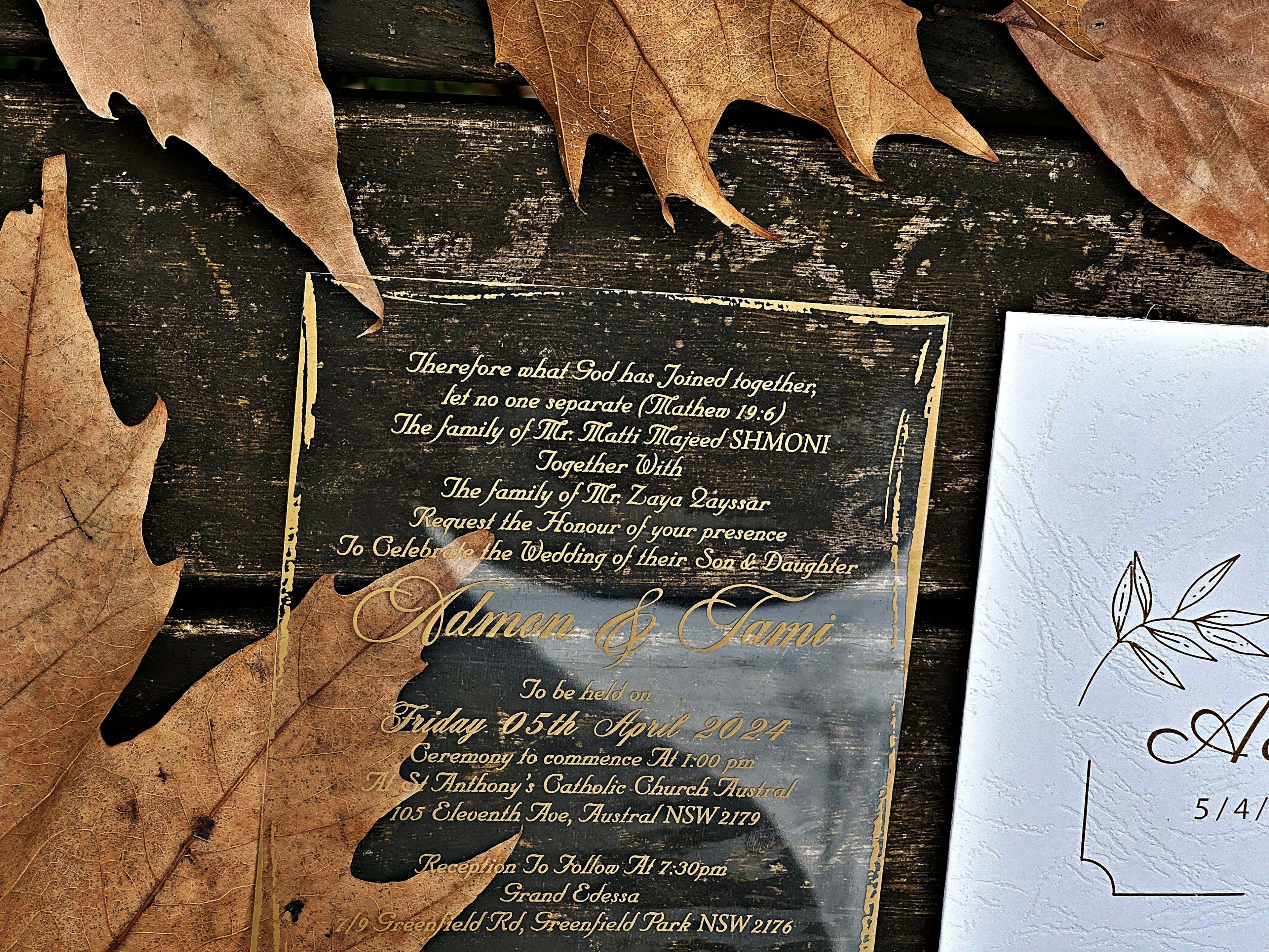 Clear Acrylic Wedding Invitation with Elegant Gold Foil Details - LunaInvites