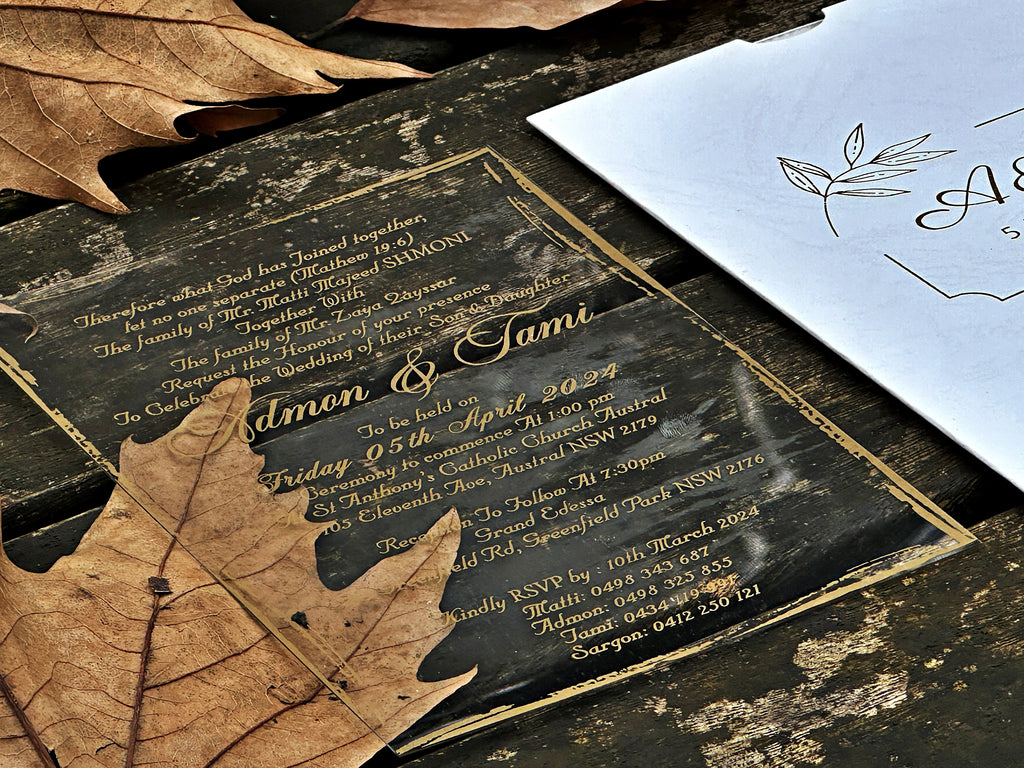 Clear Acrylic Wedding Invitation with Elegant Gold Foil Details - LunaInvites