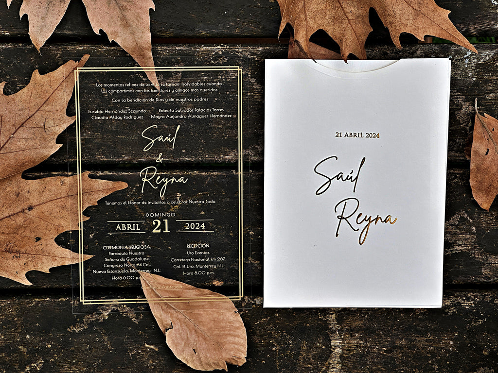 Clear Acrylic Wedding Invitation with Gold Foil & White Envelope - LunaInvites