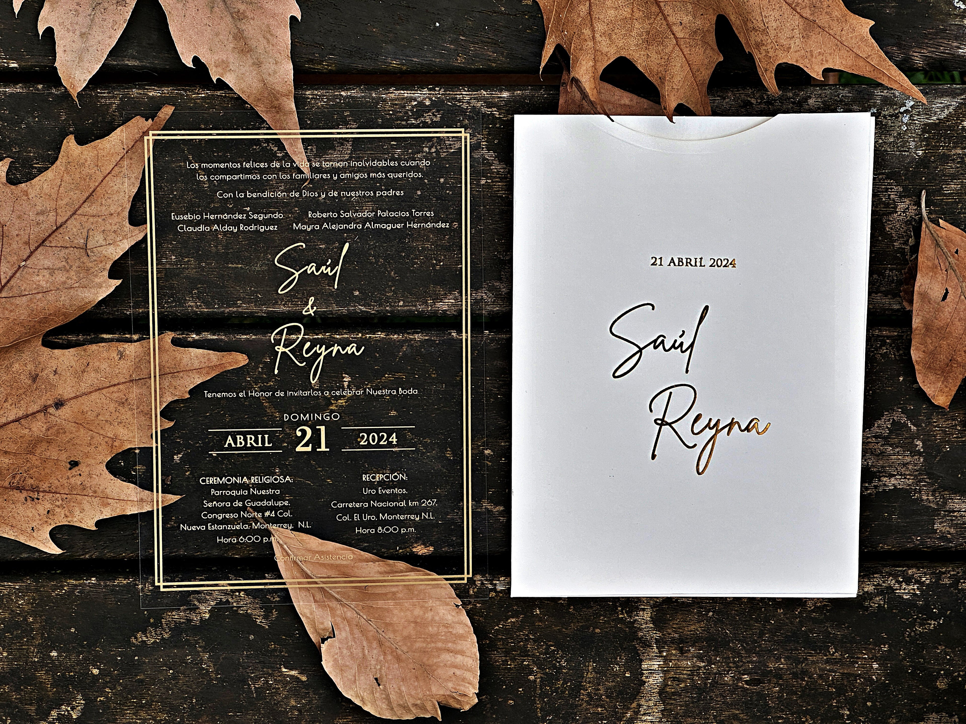 Clear Acrylic Wedding Invitation with Gold Foil & White Envelope - LunaInvites