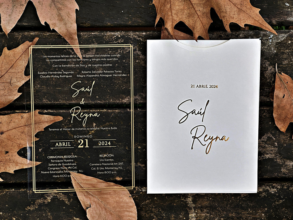 Clear Acrylic Wedding Invitation with Gold Foil & White Envelope - LunaInvites