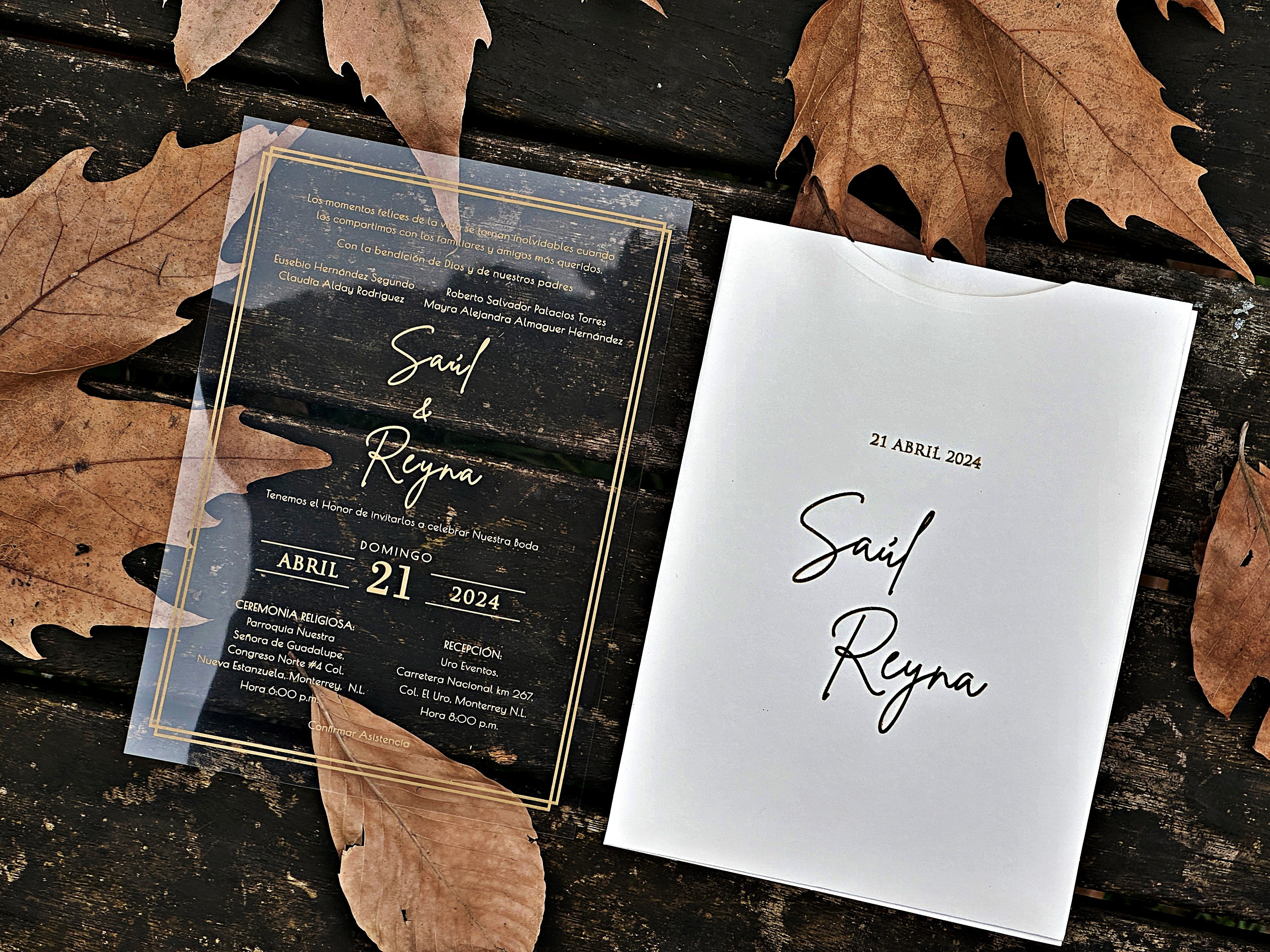 Clear Acrylic Wedding Invitation with Gold Foil & White Envelope - LunaInvites
