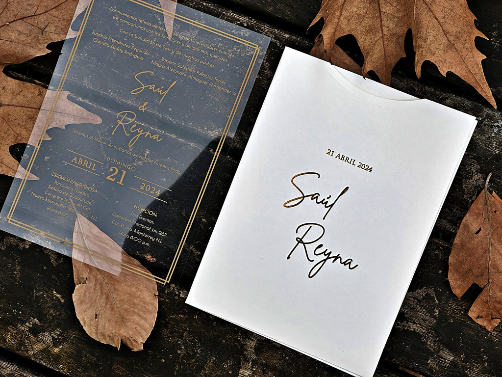 Clear Acrylic Wedding Invitation with Gold Foil & White Envelope - LunaInvites