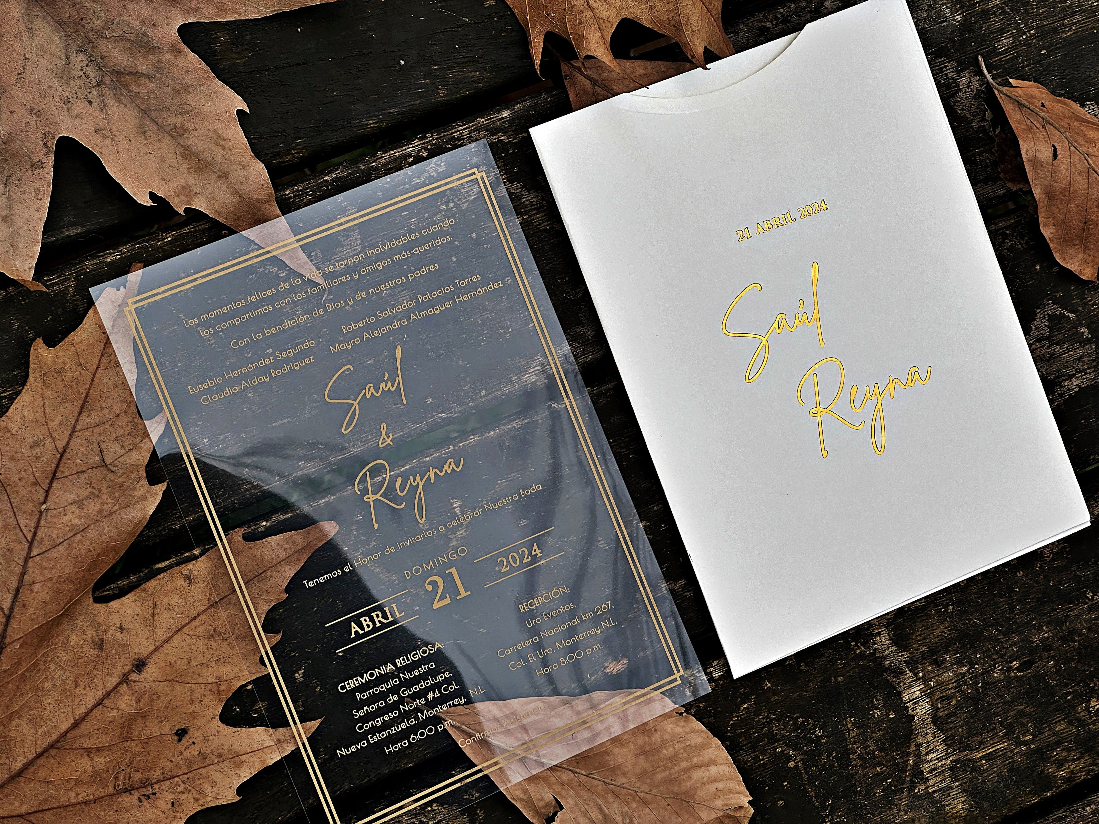 Clear Acrylic Wedding Invitation with Gold Foil & White Envelope - LunaInvites