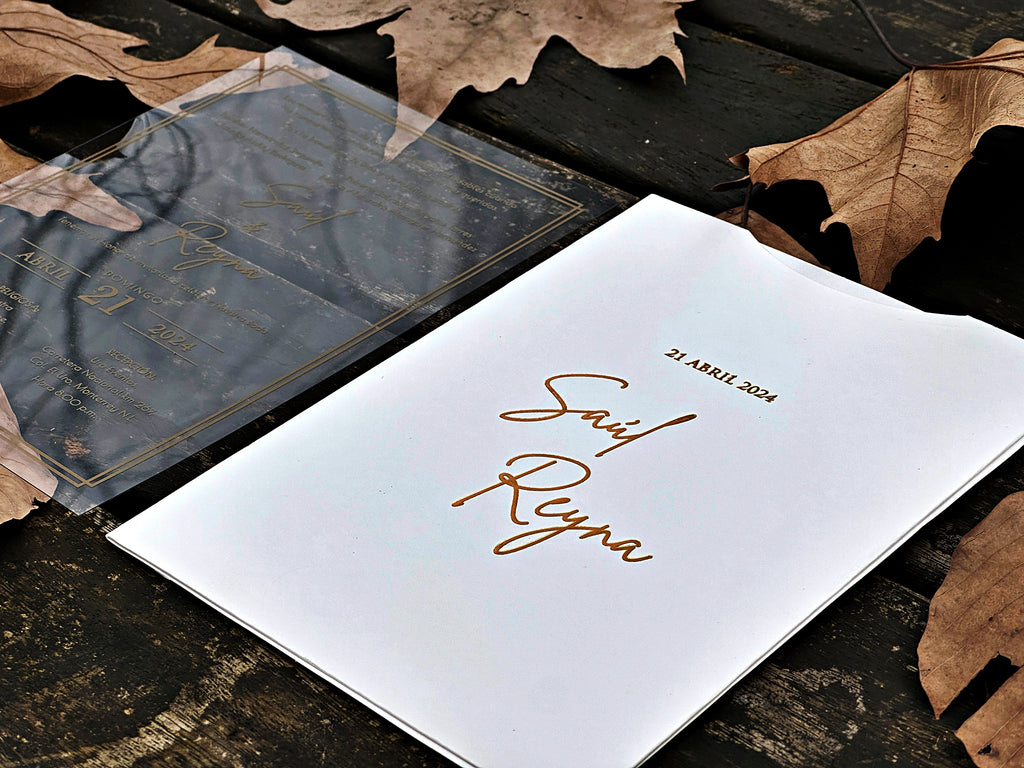 Clear Acrylic Wedding Invitation with Gold Foil & White Envelope - LunaInvites