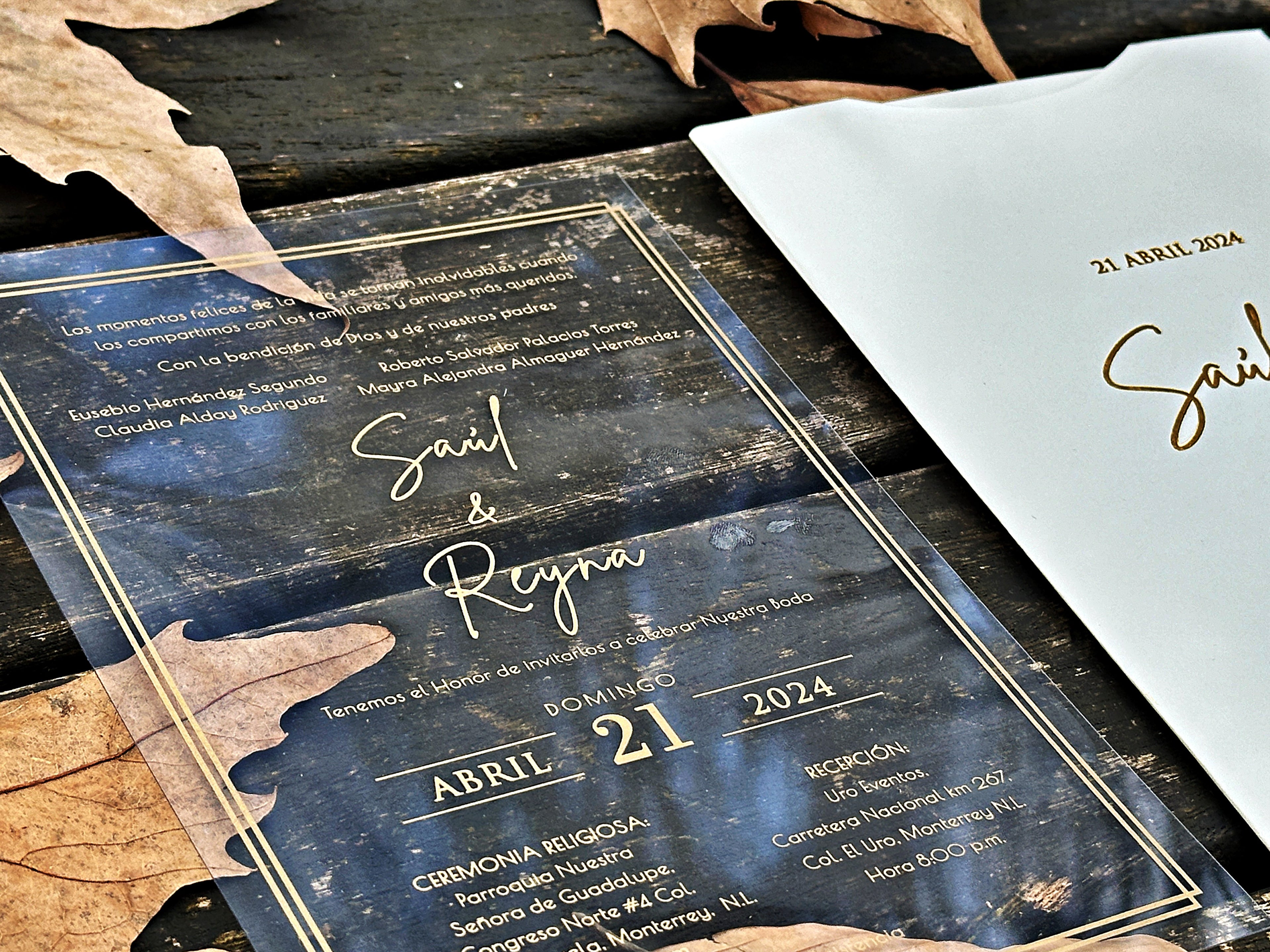 Clear Acrylic Wedding Invitation with Gold Foil & White Envelope - LunaInvites