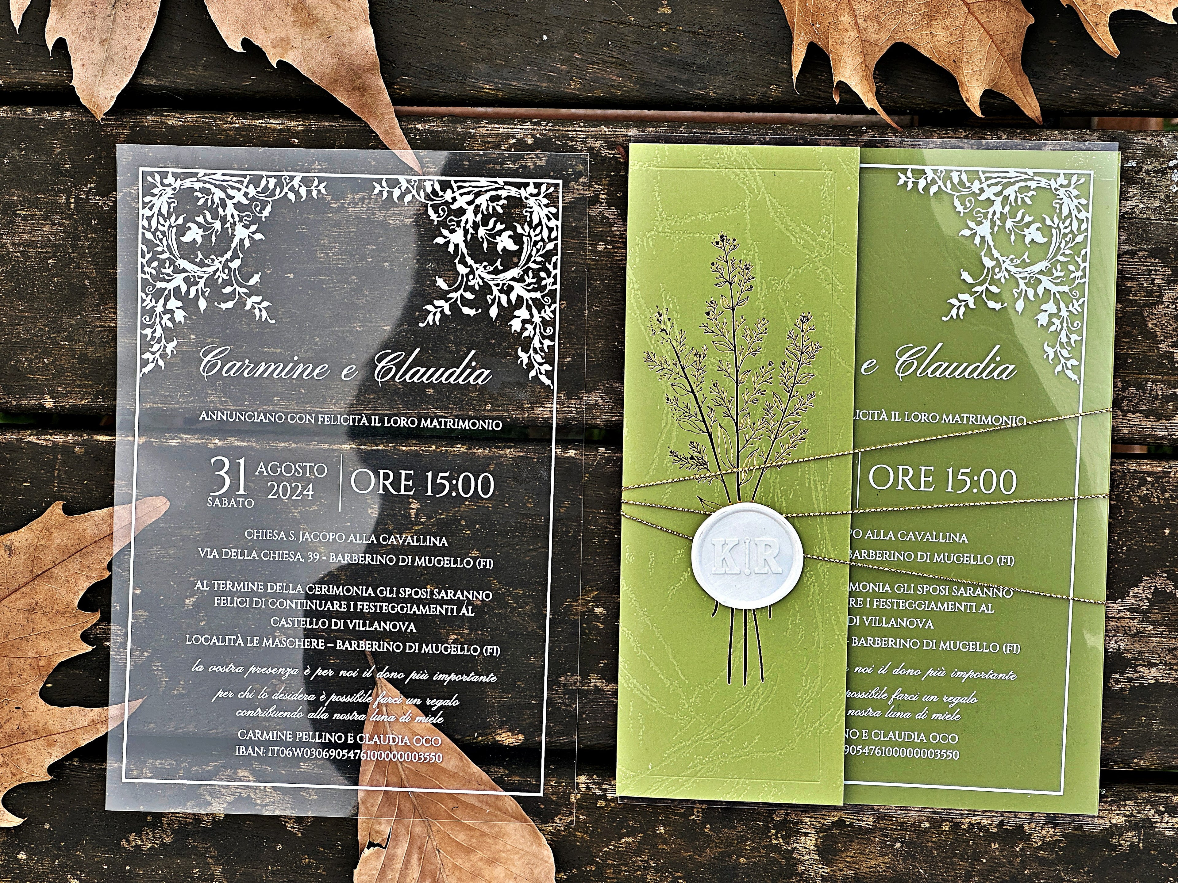 Clear Acrylic Wedding Invitation with White Print, Green Envelope & White Wax Seal - LunaInvites