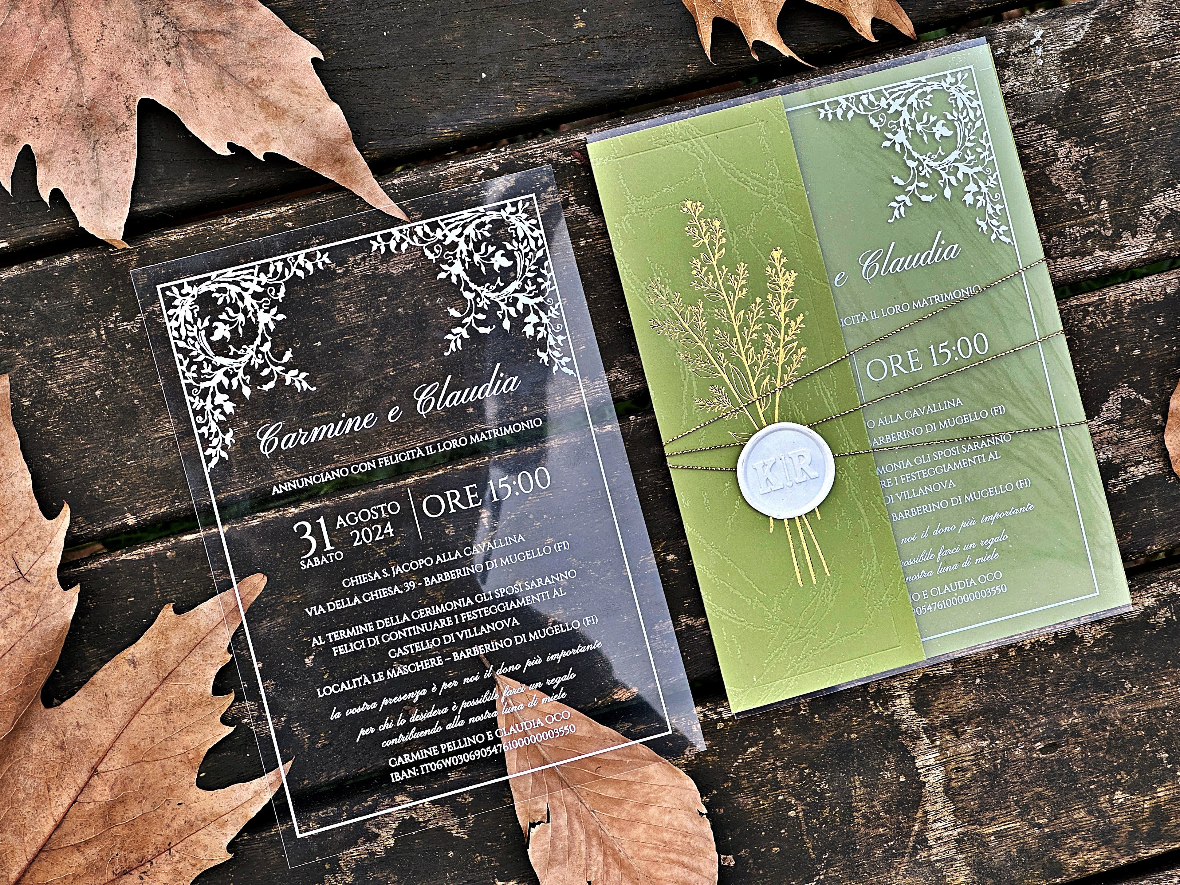 Clear Acrylic Wedding Invitation with White Print, Green Envelope & White Wax Seal - LunaInvites