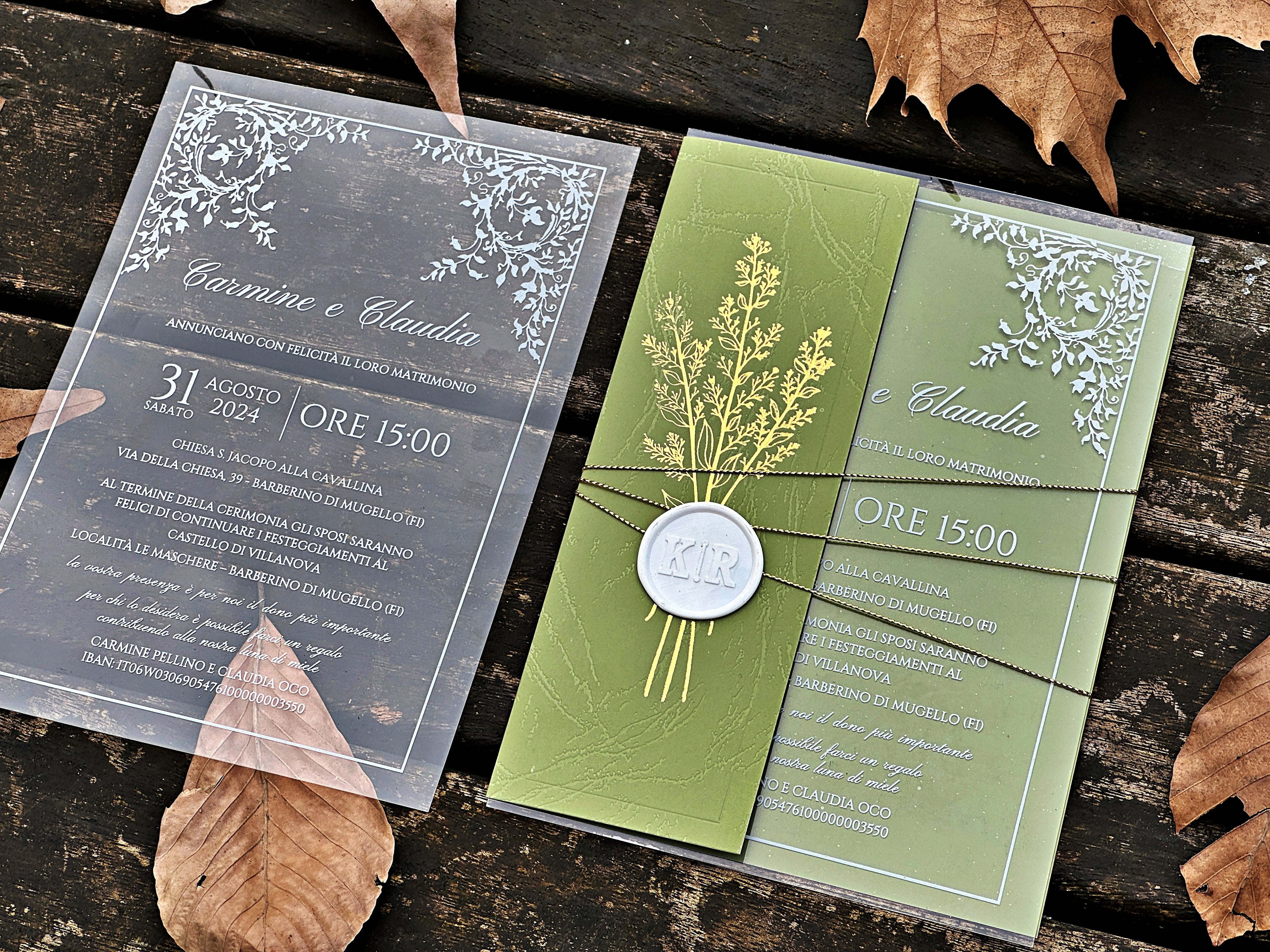 Clear Acrylic Wedding Invitation with White Print, Green Envelope & White Wax Seal - LunaInvites
