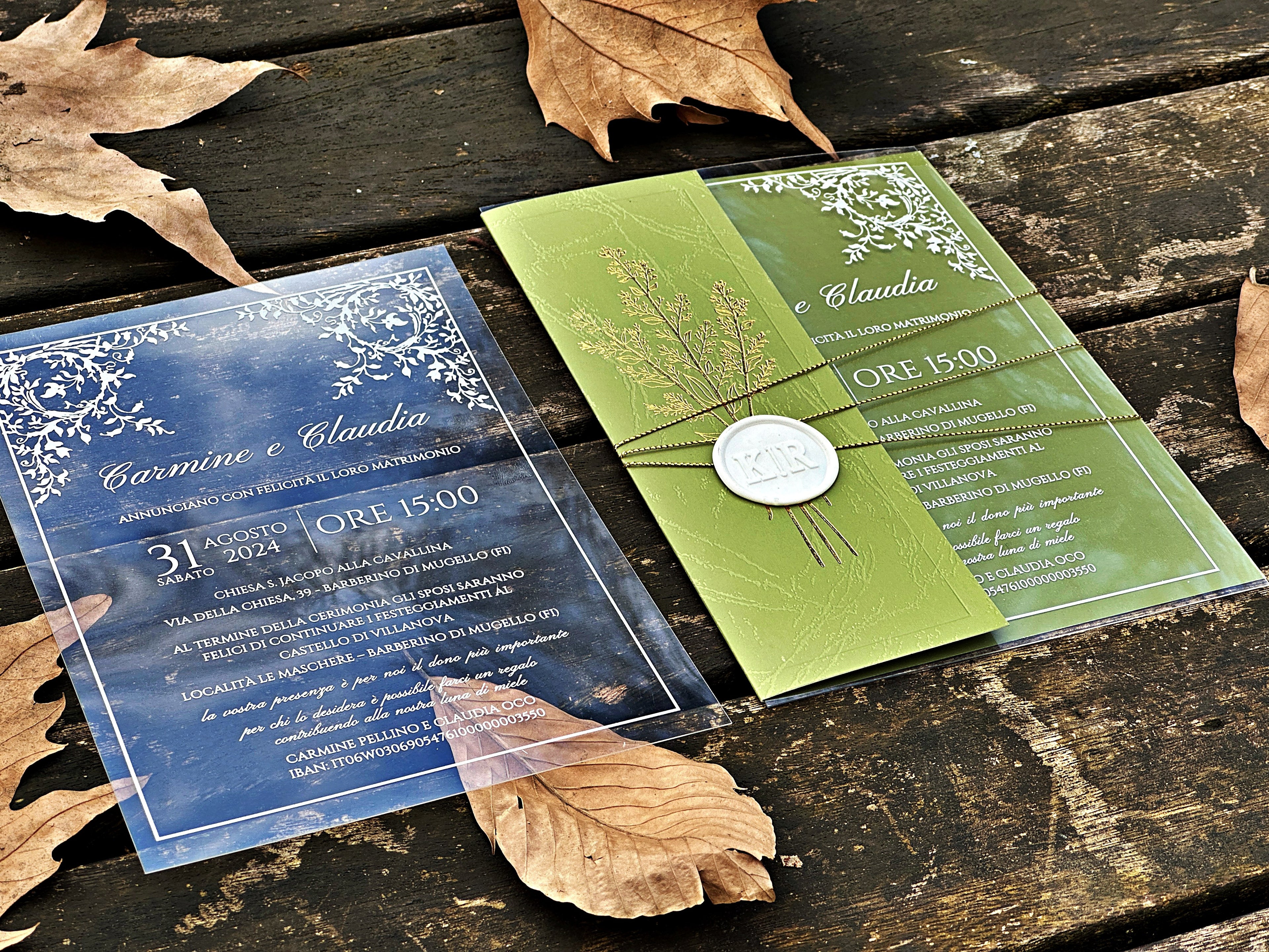 Clear Acrylic Wedding Invitation with White Print, Green Envelope & White Wax Seal - LunaInvites