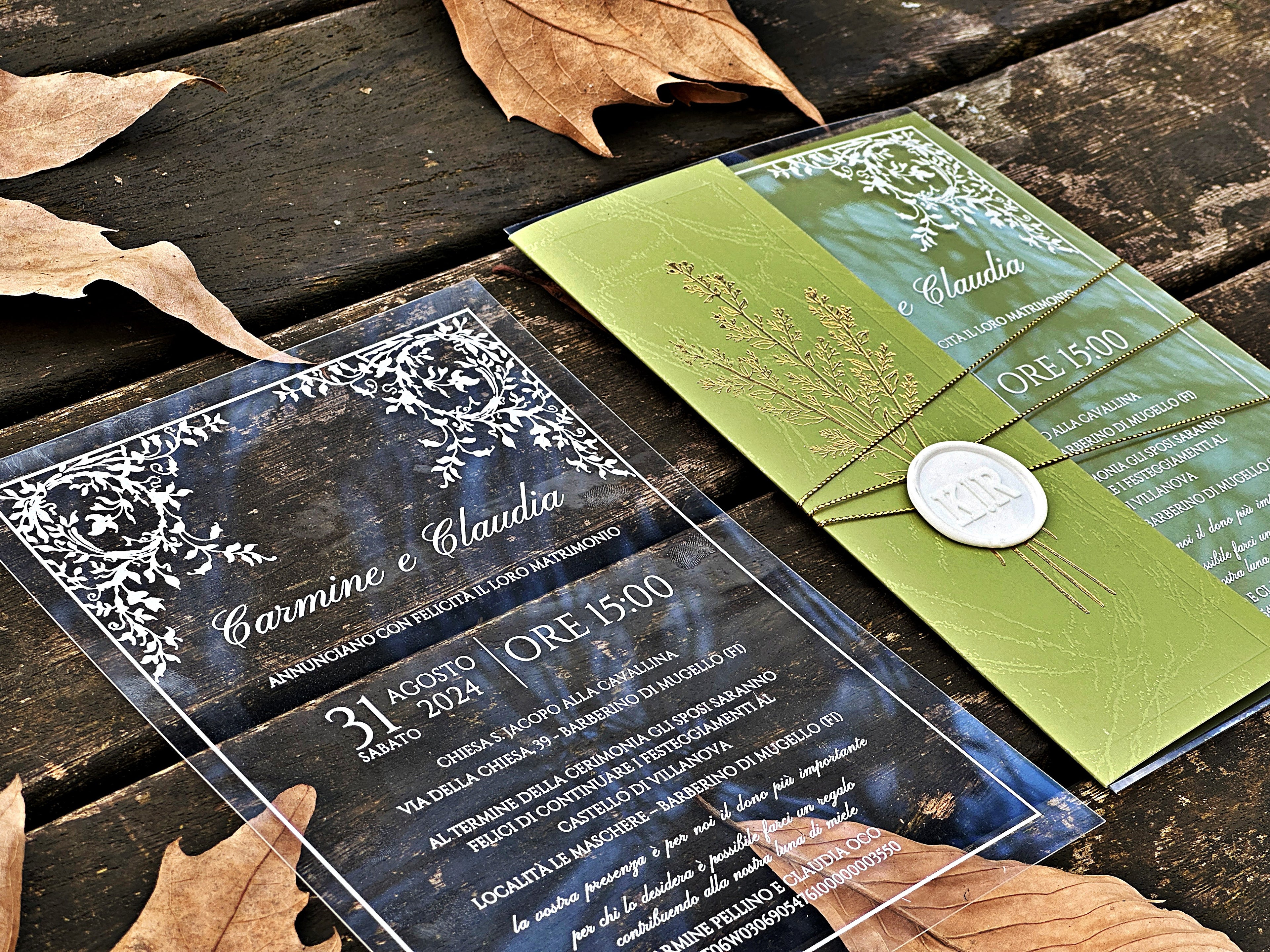 Clear Acrylic Wedding Invitation with White Print, Green Envelope & White Wax Seal - LunaInvites