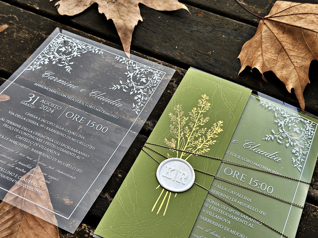 Clear Acrylic Wedding Invitation with White Print, Green Envelope & White Wax Seal - LunaInvites
