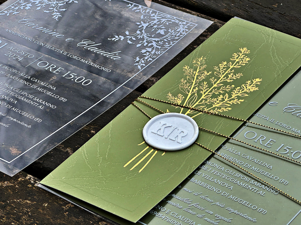 Clear Acrylic Wedding Invitation with White Print, Green Envelope & White Wax Seal - LunaInvites