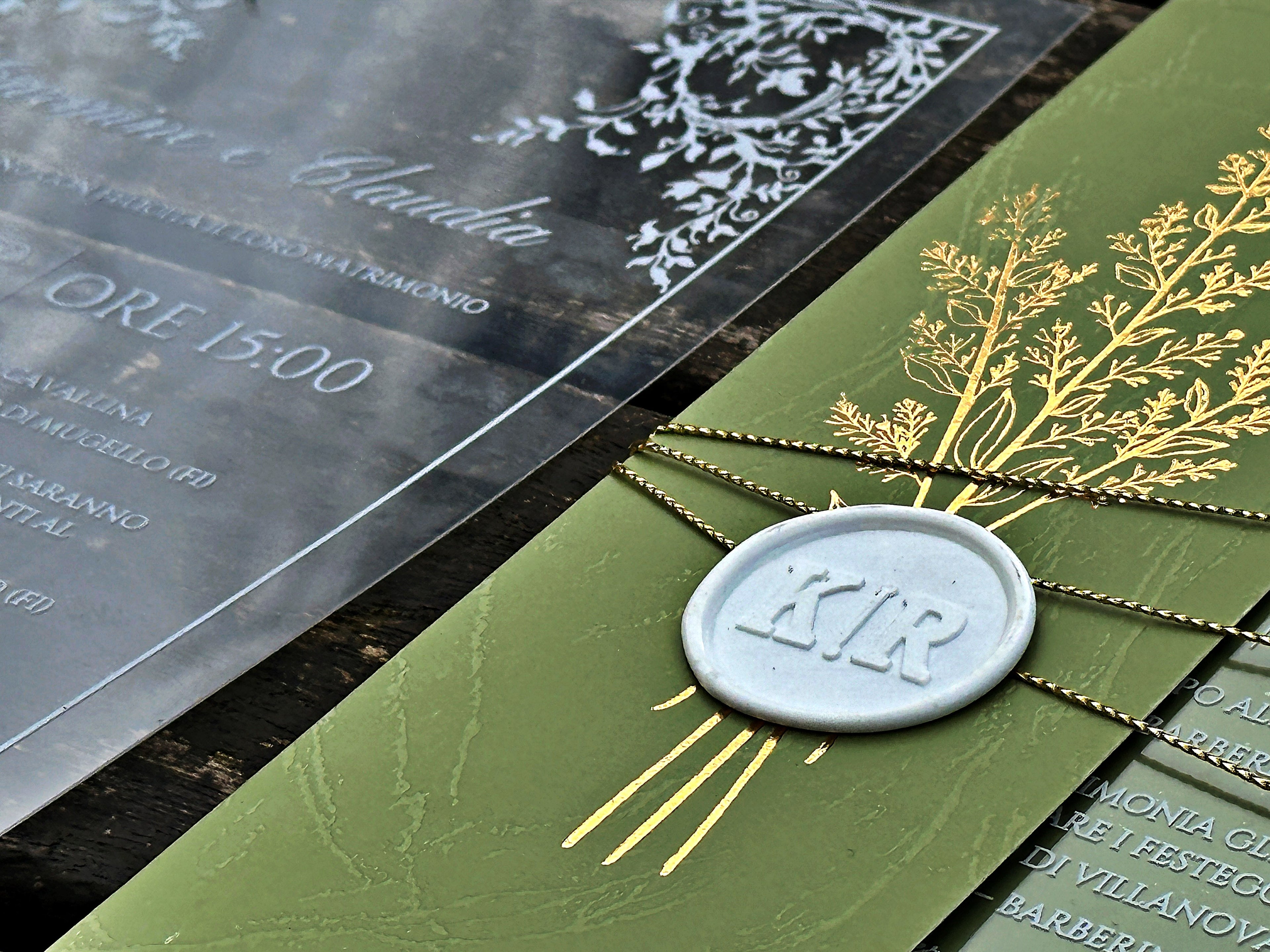 Clear Acrylic Wedding Invitation with White Print, Green Envelope & White Wax Seal - LunaInvites