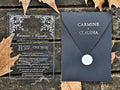 Clear Acrylic Wedding Invitation with White Print, Black Envelope & White Wax Seal - LunaInvites