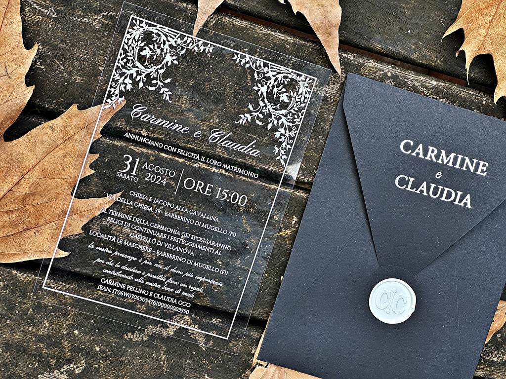 Clear Acrylic Wedding Invitation with White Print, Black Envelope & White Wax Seal - LunaInvites