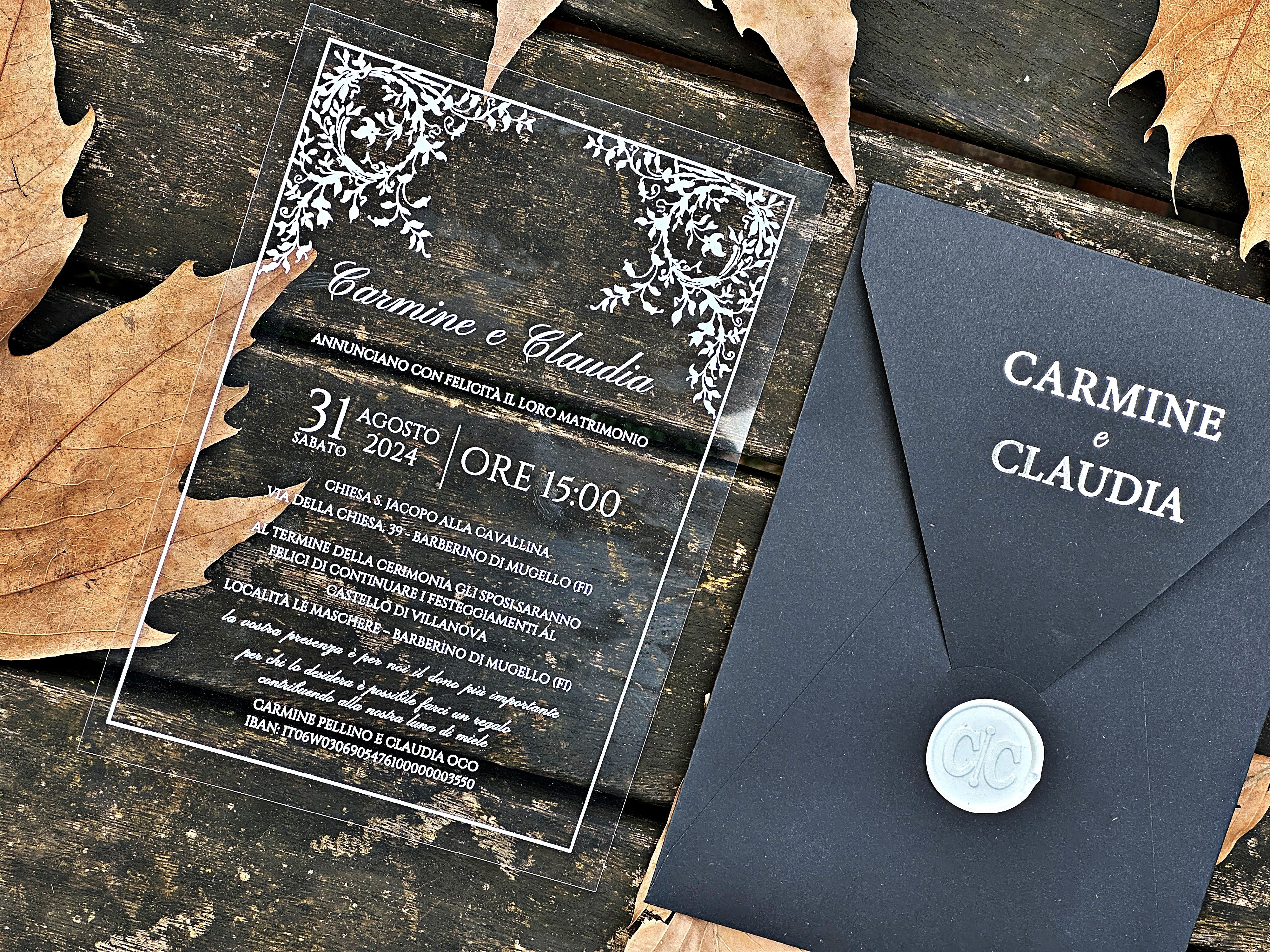 Clear Acrylic Wedding Invitation with White Print, Black Envelope & White Wax Seal - LunaInvites