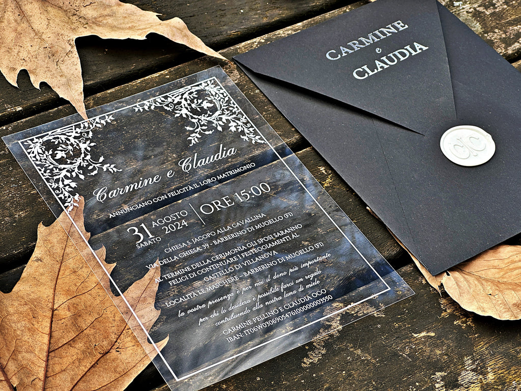 Clear Acrylic Wedding Invitation with White Print, Black Envelope & White Wax Seal - LunaInvites