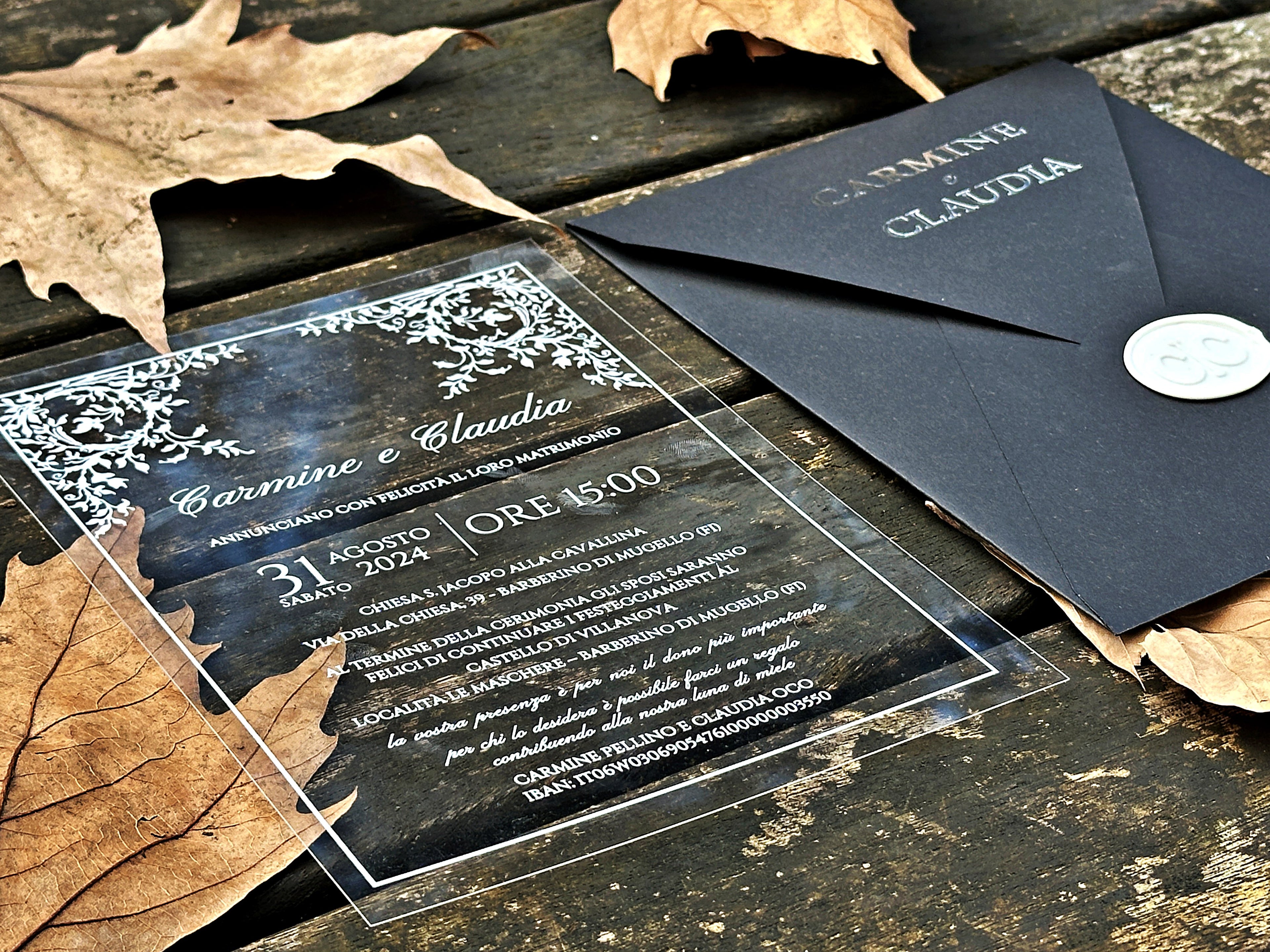 Clear Acrylic Wedding Invitation with White Print, Black Envelope & White Wax Seal - LunaInvites