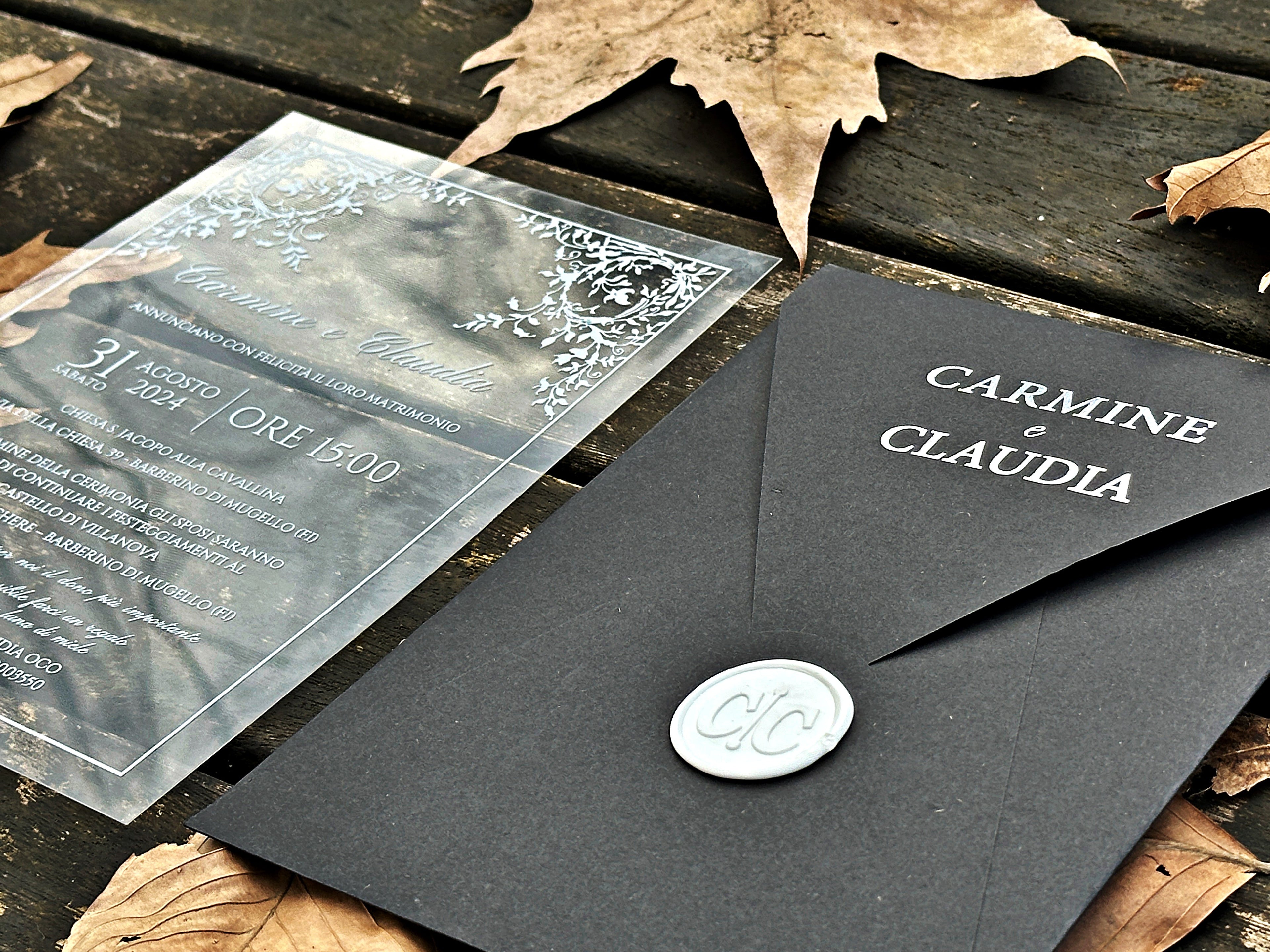 Clear Acrylic Wedding Invitation with White Print, Black Envelope & White Wax Seal - LunaInvites