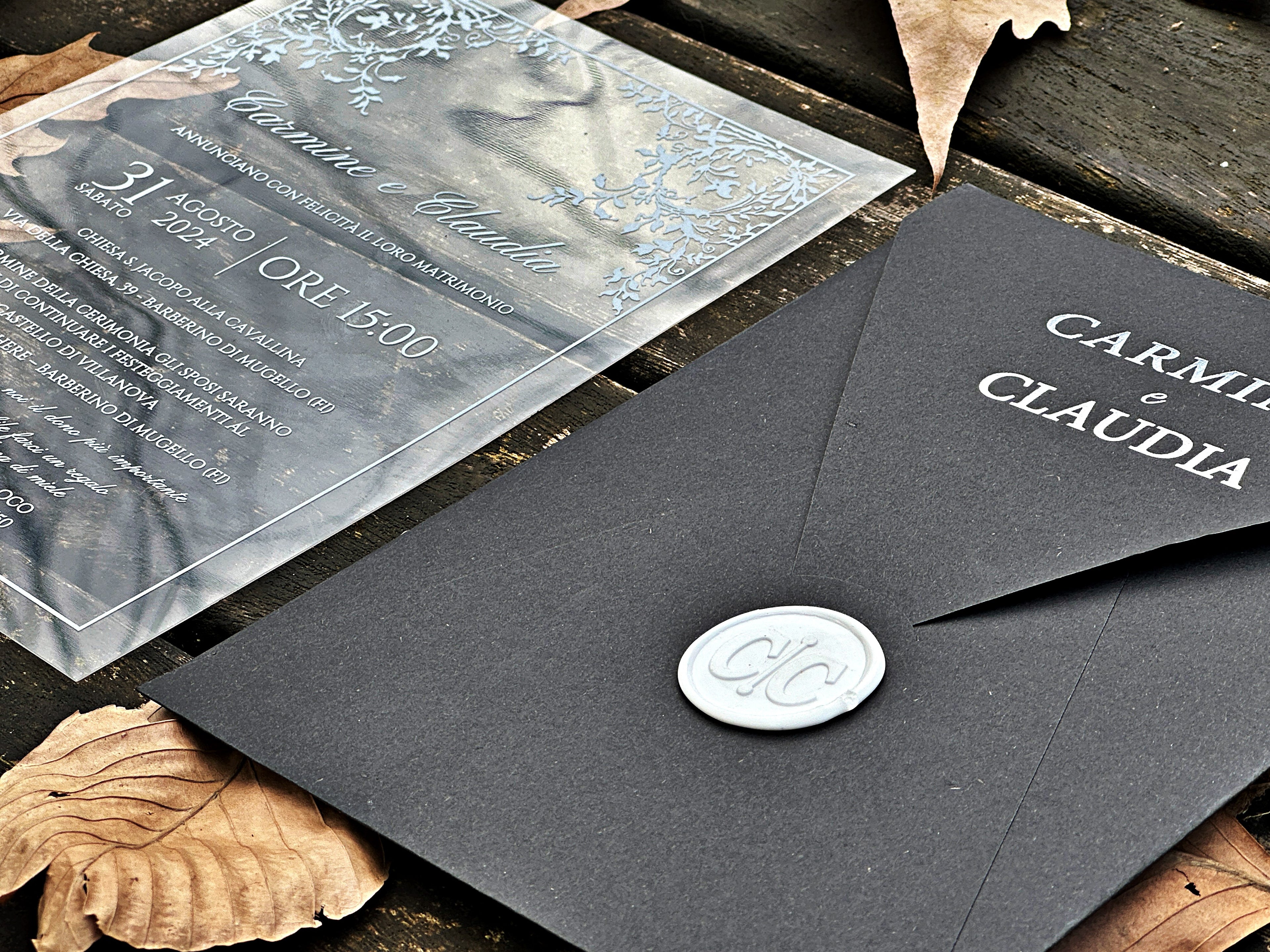Clear Acrylic Wedding Invitation with White Print, Black Envelope & White Wax Seal - LunaInvites