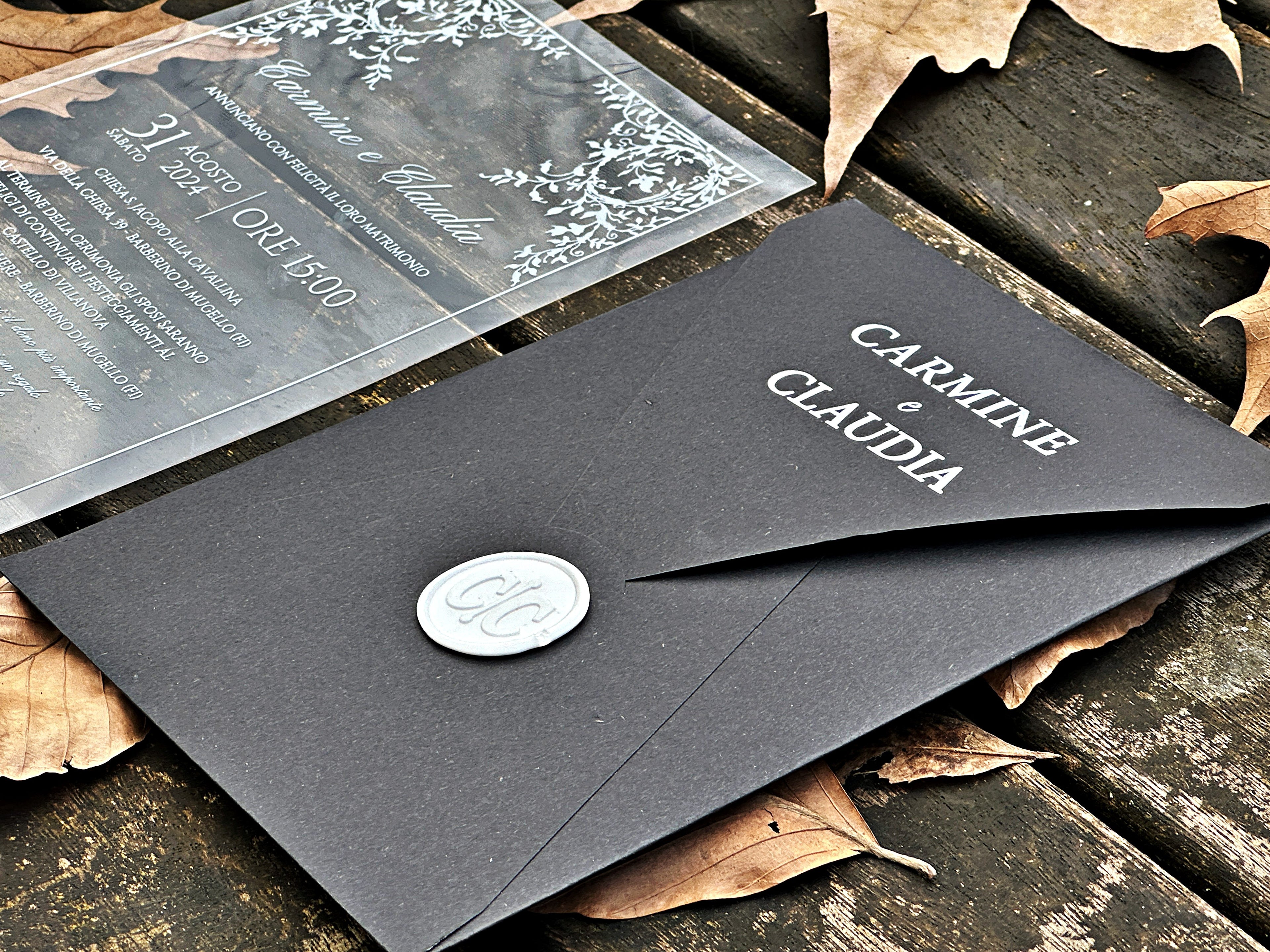 Clear Acrylic Wedding Invitation with White Print, Black Envelope & White Wax Seal - LunaInvites