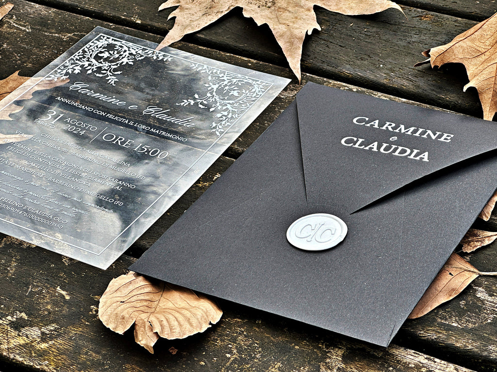 Clear Acrylic Wedding Invitation with White Print, Black Envelope & White Wax Seal - LunaInvites