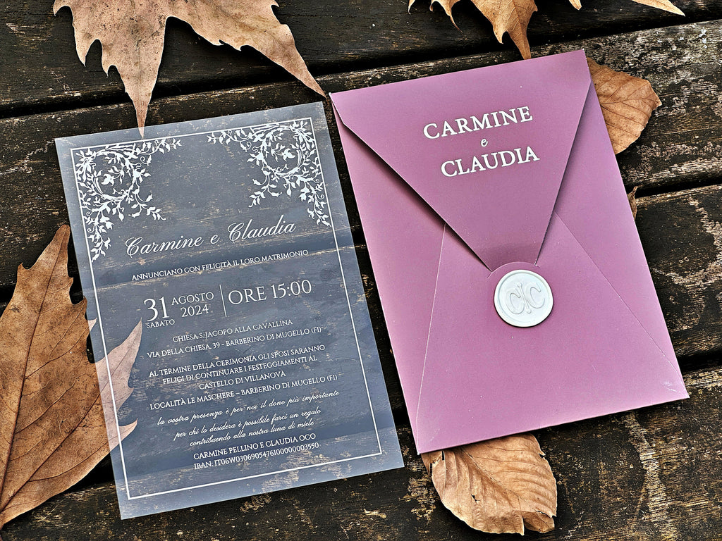 Clear Acrylic Wedding Invitation with White Print, Blush Envelope & White Wax Seal - LunaInvites