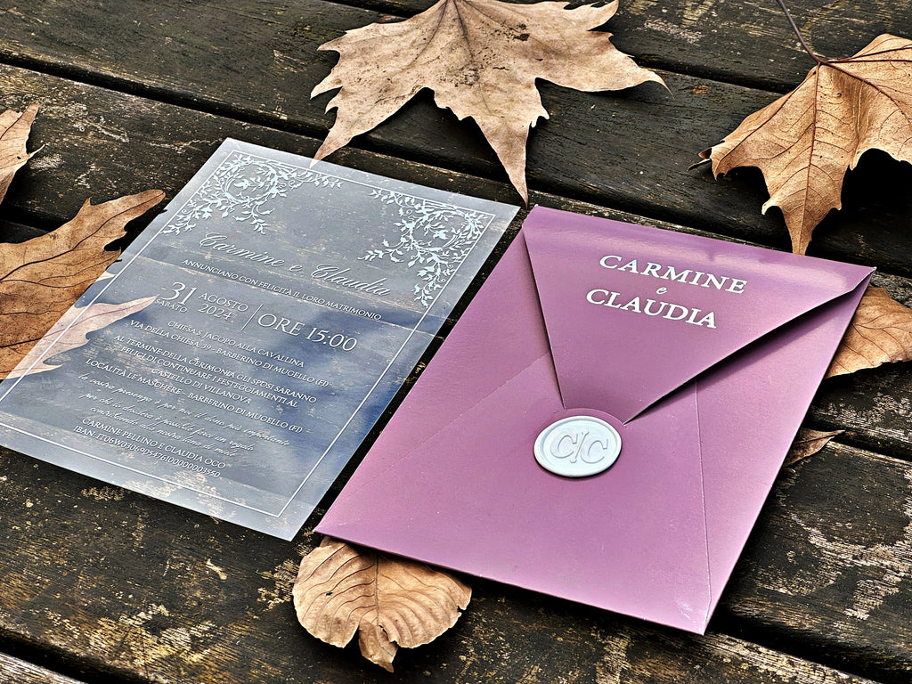 Clear Acrylic Wedding Invitation with White Print, Blush Envelope & White Wax Seal - LunaInvites
