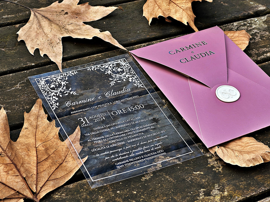 Clear Acrylic Wedding Invitation with White Print, Blush Envelope & White Wax Seal - LunaInvites