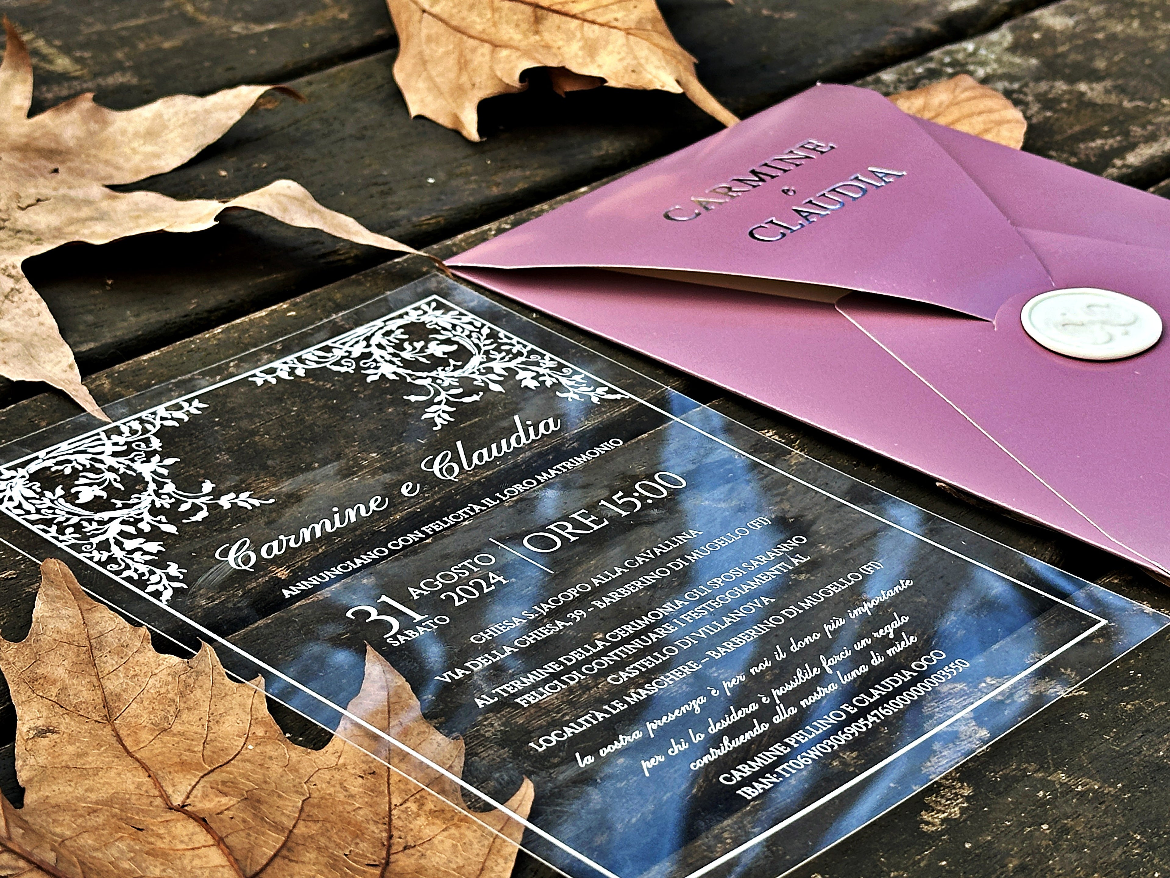 Clear Acrylic Wedding Invitation with White Print, Blush Envelope & White Wax Seal - LunaInvites