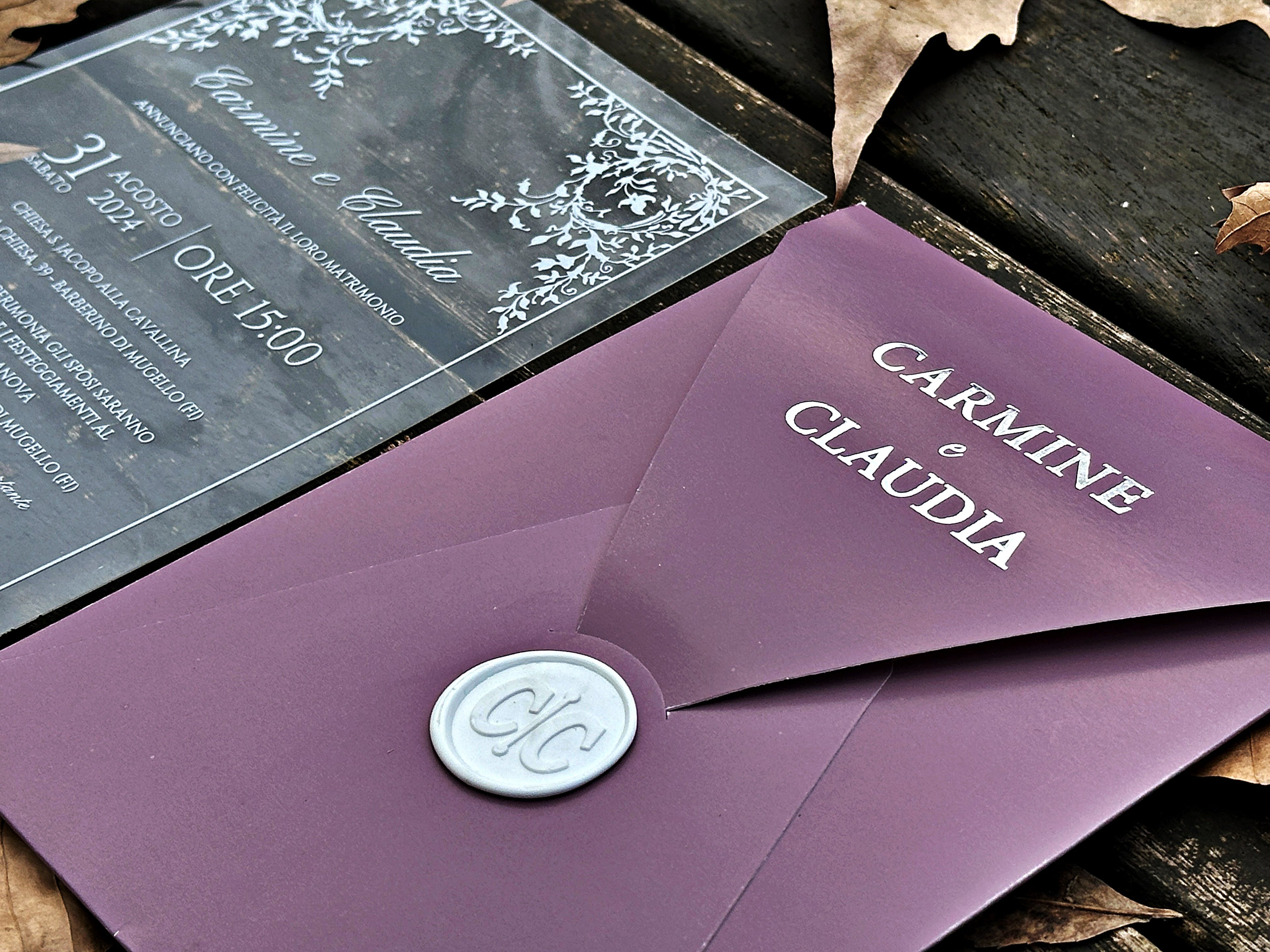 Clear Acrylic Wedding Invitation with White Print, Blush Envelope & White Wax Seal - LunaInvites