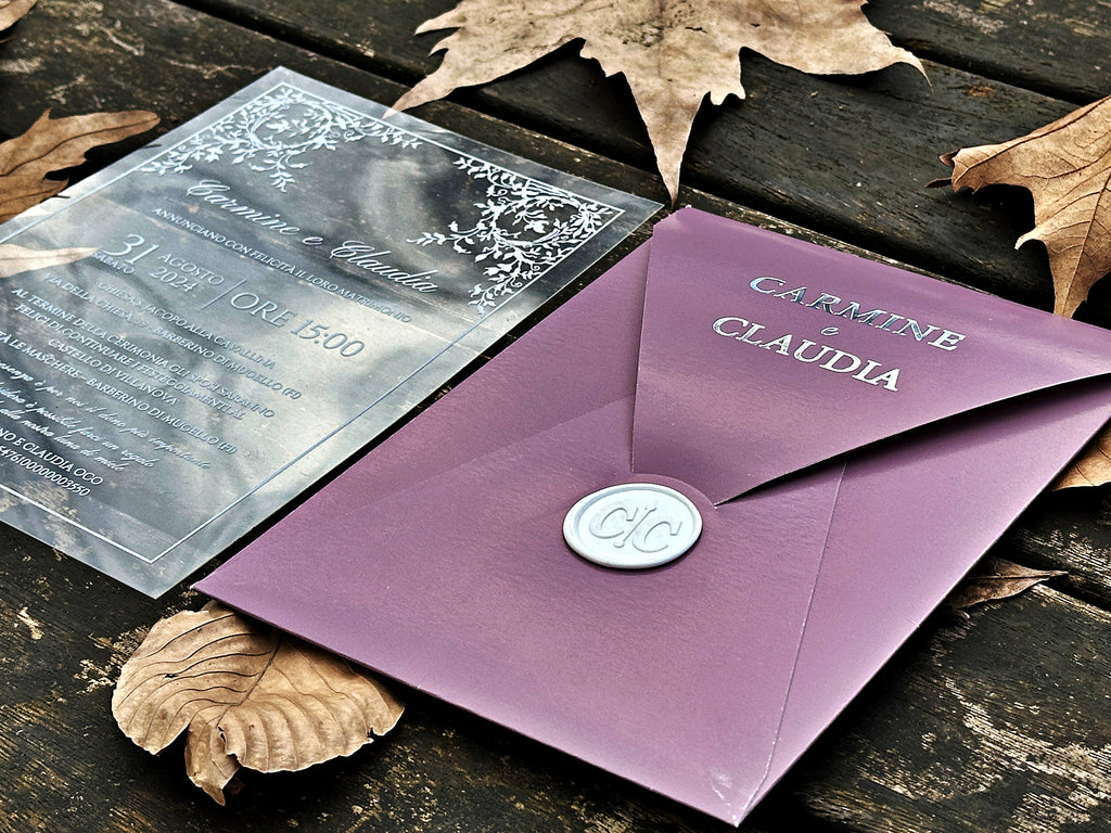 Clear Acrylic Wedding Invitation with White Print, Blush Envelope & White Wax Seal - LunaInvites
