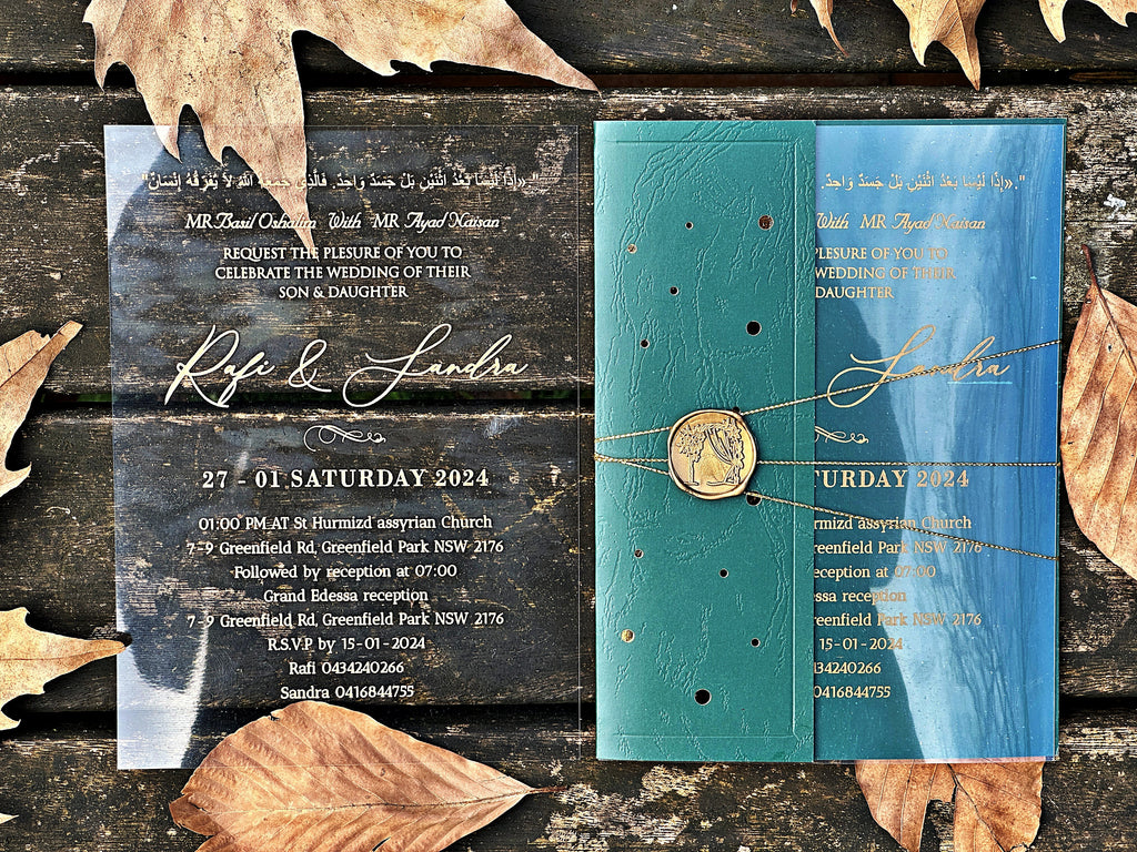 Clear Acrylic Wedding Invitation with Gold Print, Green Envelope & Gold Wax Seal - LunaInvites